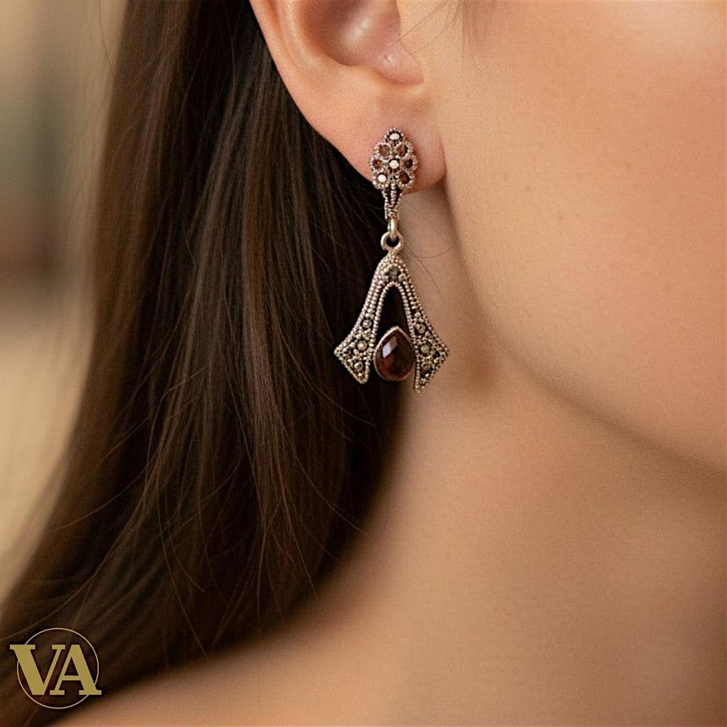 Boucles d'Oreilles Argent 925 Cornaline et Marcassite Art Déco