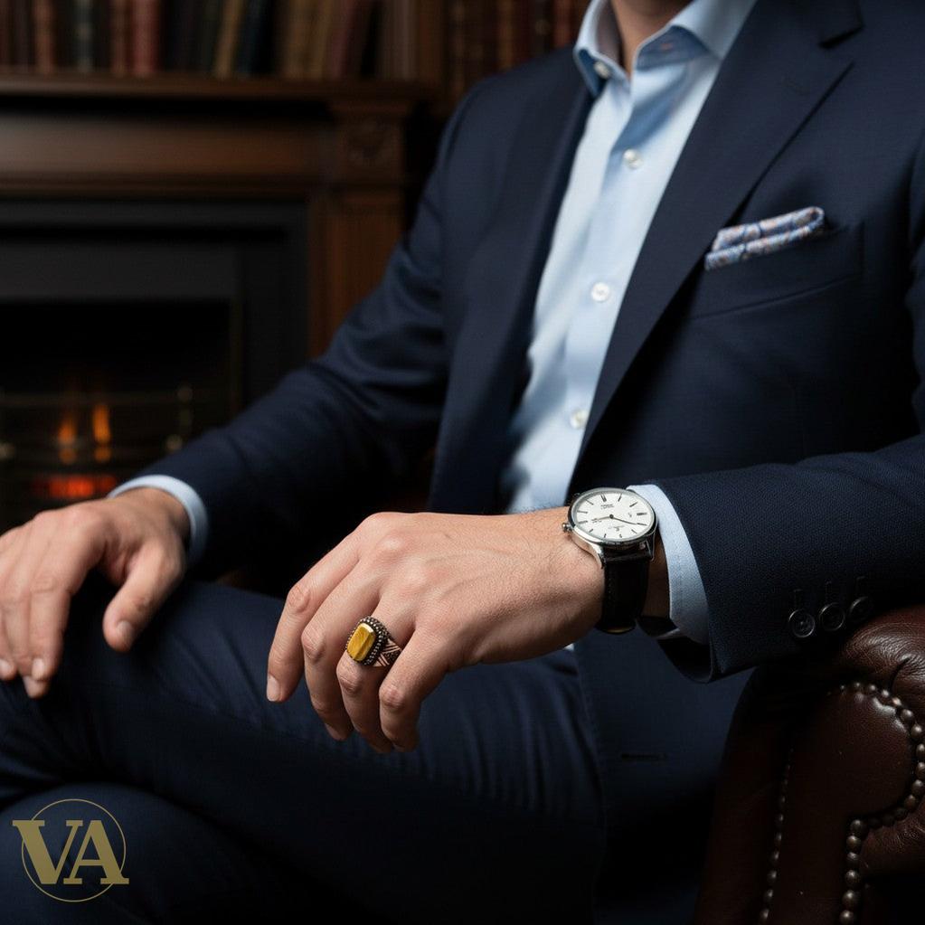 Bague homme – Argent 925, Plaqué or rose – Œil de tigre & marcassite