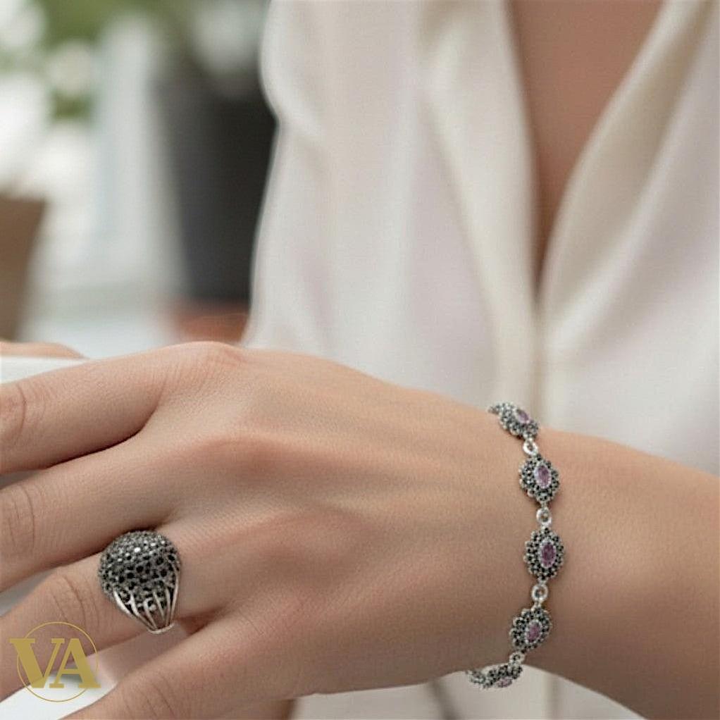 Bracelet Femme Argent 925 Améthyste & Marcassite Vintage