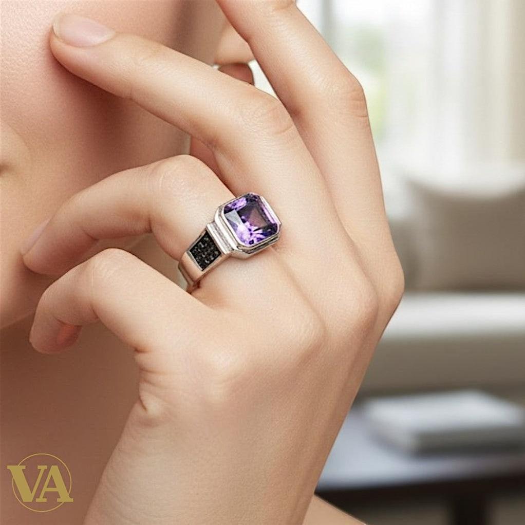 Bague Femme Argent 925 Améthyste - Chevalière Moderne