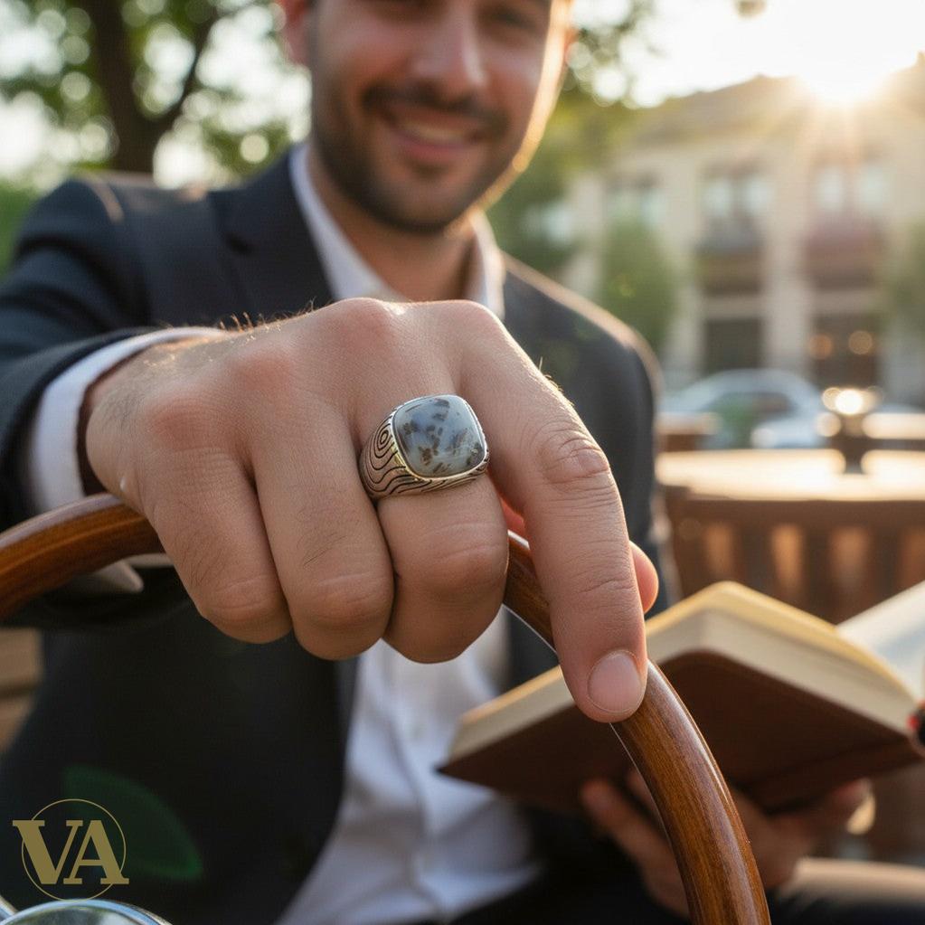 Chevalière Homme Argent 925 Agate Naturelle Motifs Tourbillons | Bijoux Vindicta