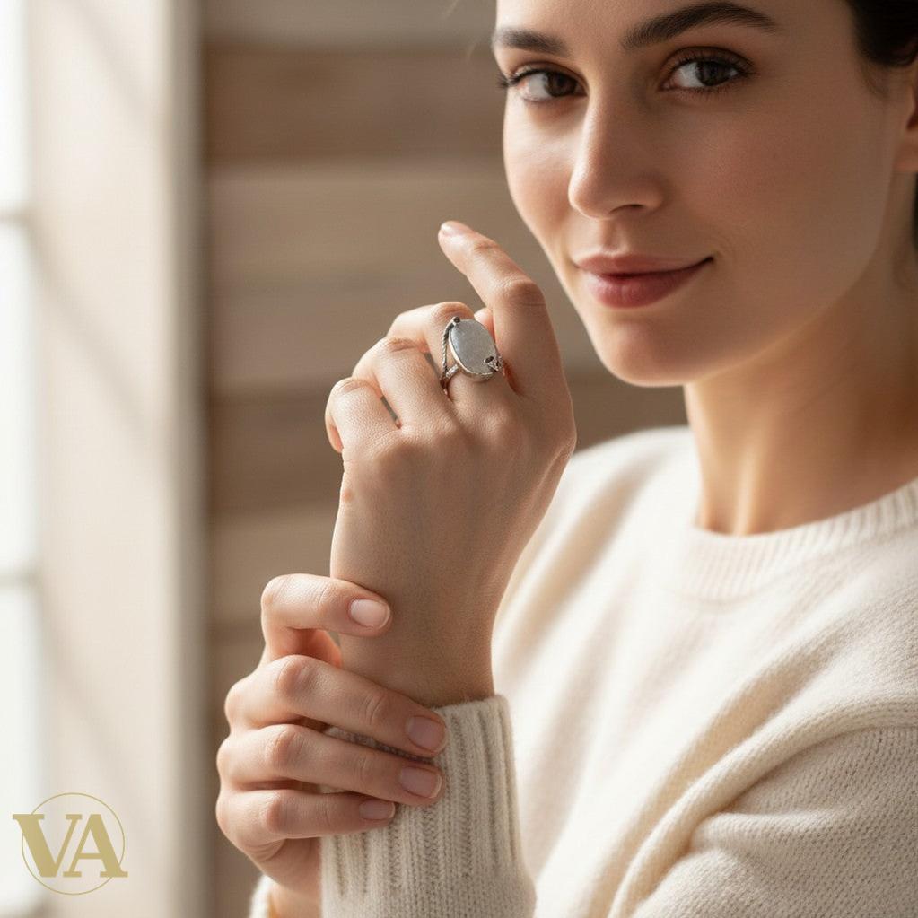 Bague femme argent 925 Quartz Druzy brut ovale monture fleurs