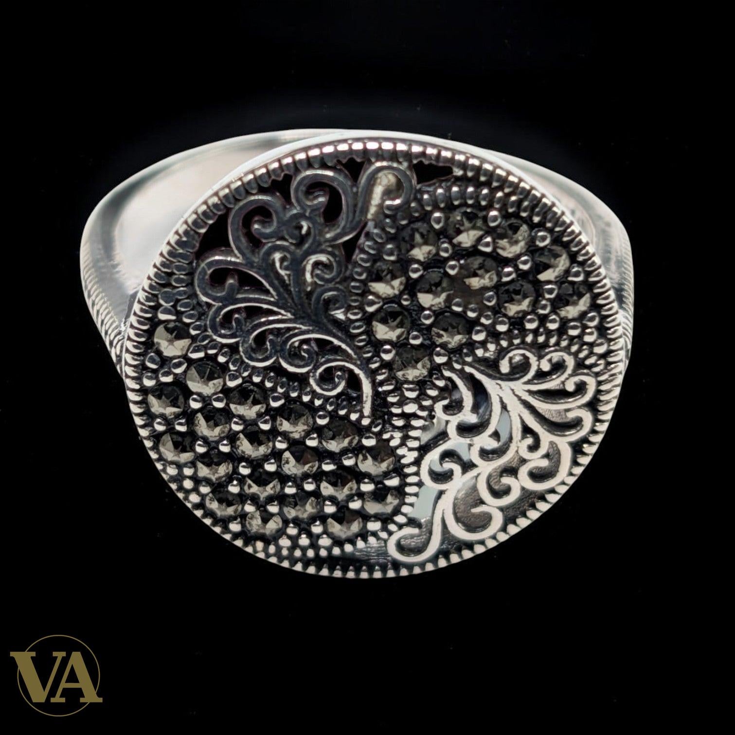 Bague Femme Argent 925 Marcassite – Grande Bague Ronde Vintage