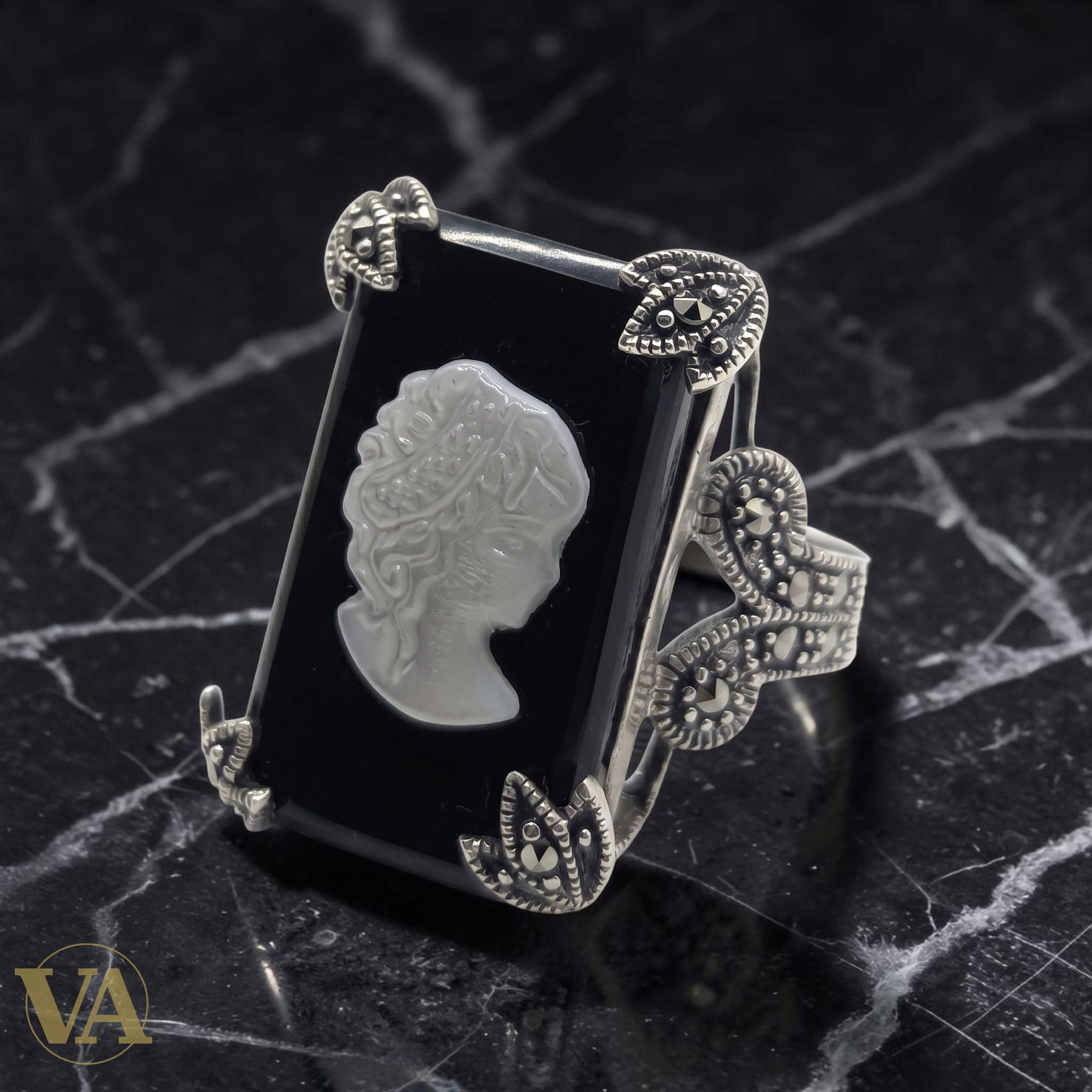 Bague Femme Argent 925 Camée Nacre Onyx Noir Marcassite Art Déco