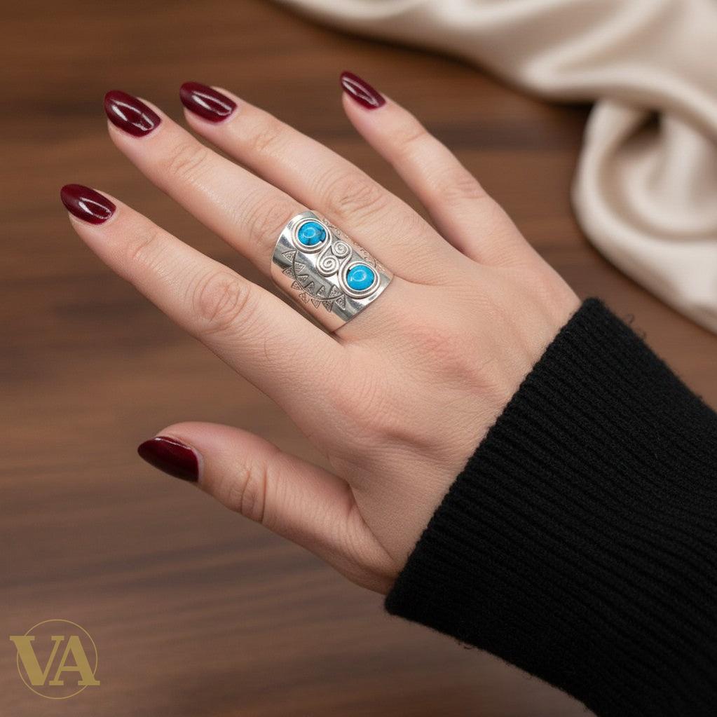 Bague femme Argent 925 Massif Turquoise Naturelle Design Tribal
