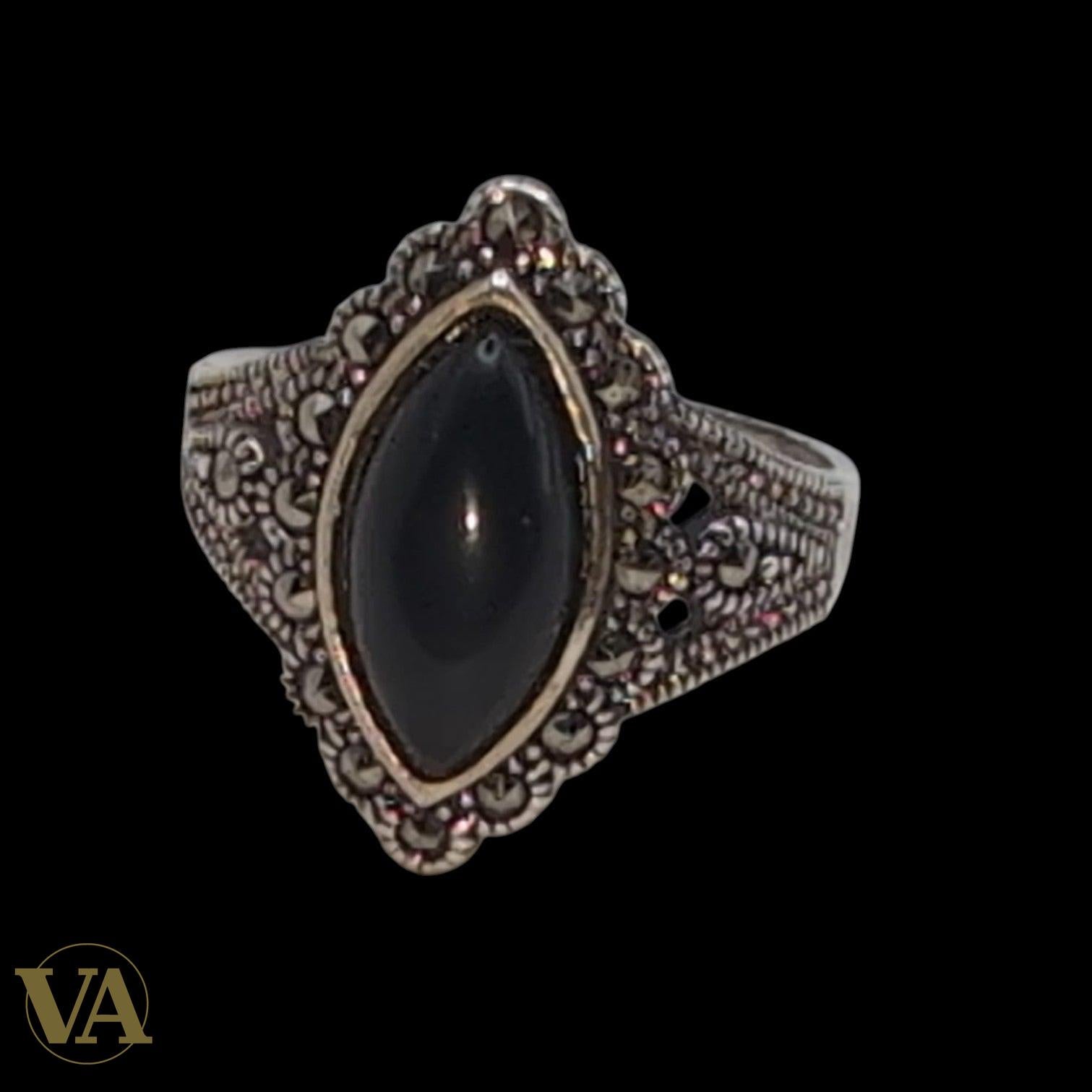 Bague Femme Argent 925 Onyx Noir Navette & Marcassite – Style Vintage Mystique