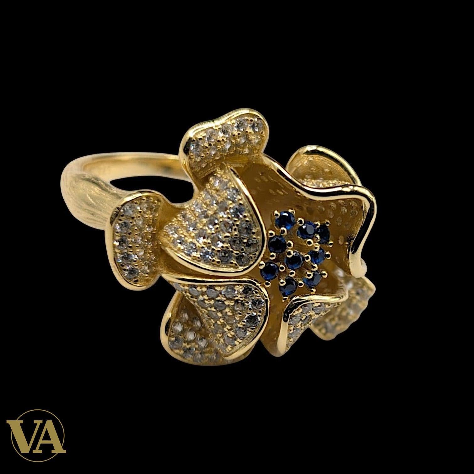 Bague Femme Argent 925 Plaqué Or – Fleur Zircon Blanc & Bleu