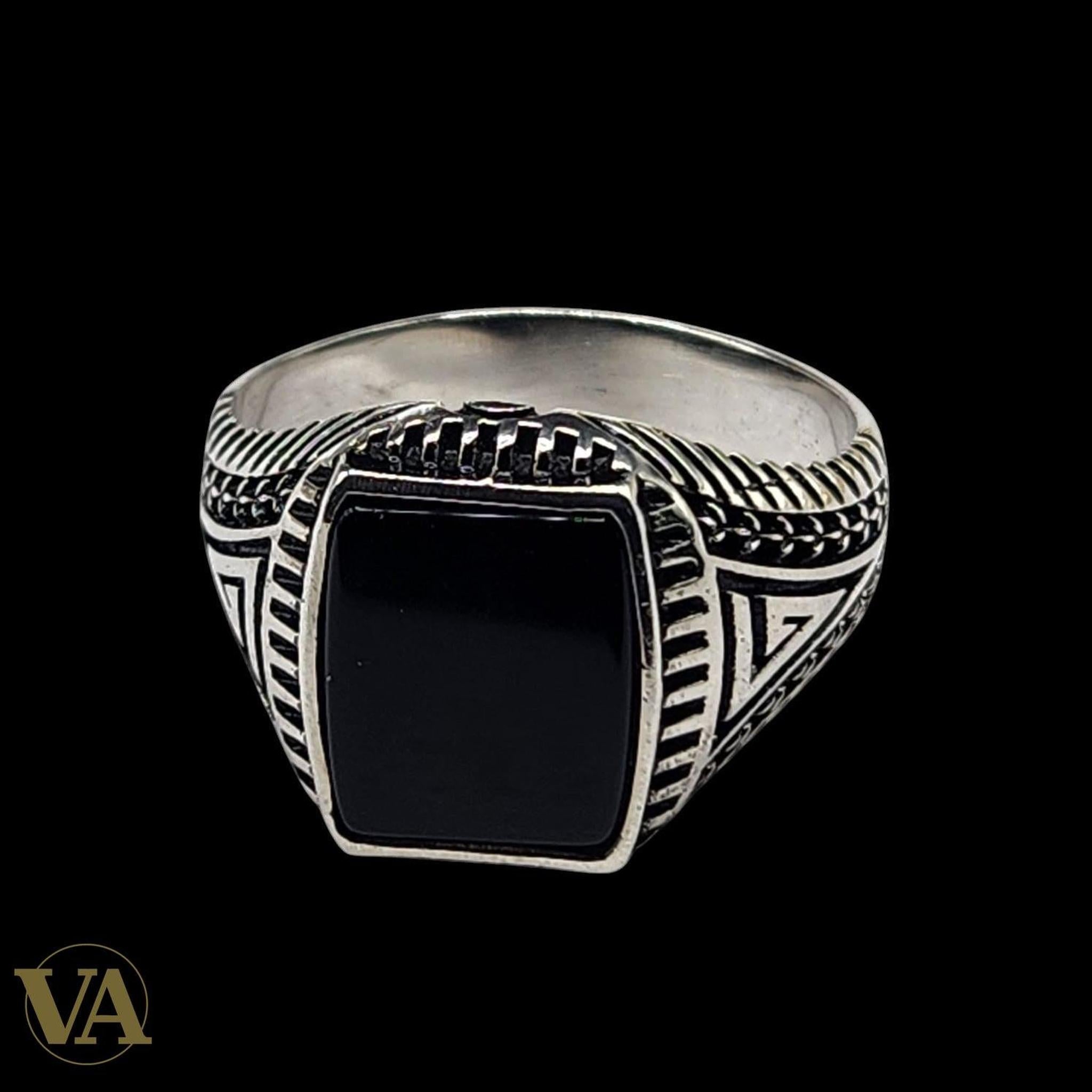 Bague Homme Argent 925 – Onyx noir rectangulaire poli & détails ciselés - Argent 925 - Vindicta