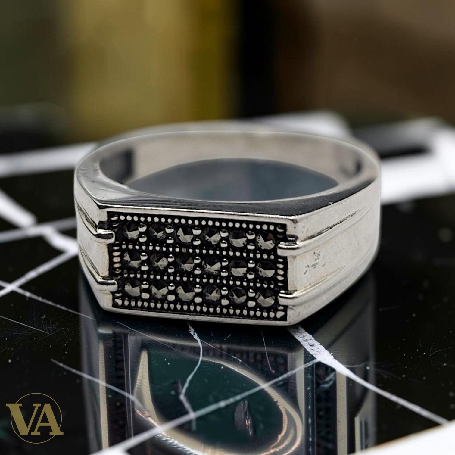 Chevalière Homme Argent 925 Marcassite Pavé Rectangulaire Art Déco-Vindicta : Bijoux Argent 925 Massif, Luxe et Héritage