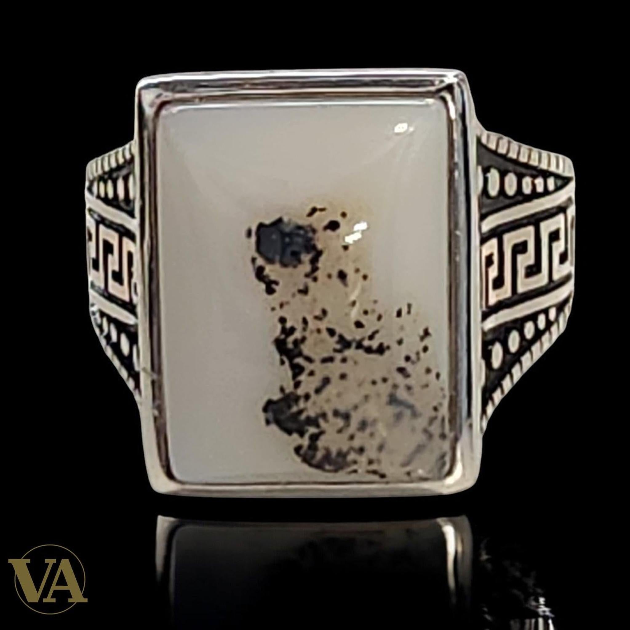 Bague homme argent 925 agate dendritique rectangulaire | Bijoux Vindicta
