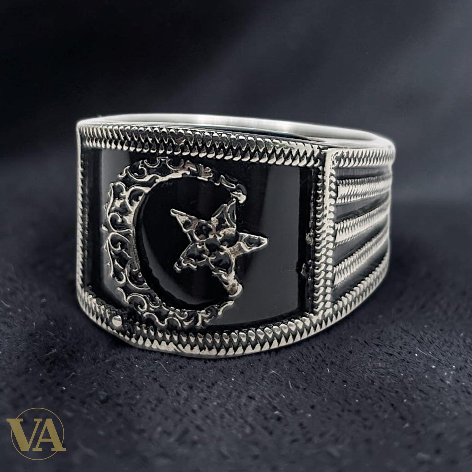 Chevalière Homme Argent 925 Onyx Noir Croissant Étoile Tresse Ciselée - Argent 925 - Vindicta