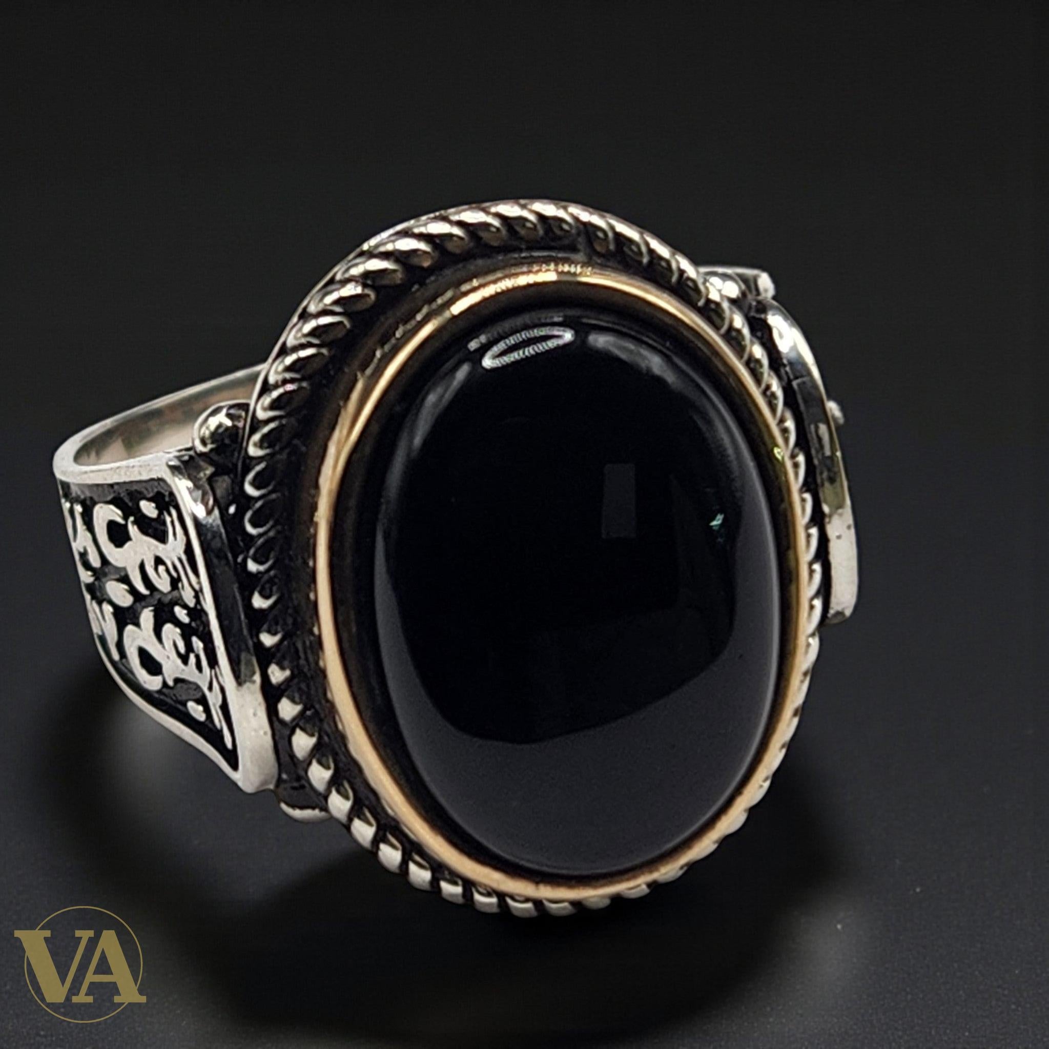 Bague Homme Argent 925 – Grand Onyx noir ovale & motifs ciselés