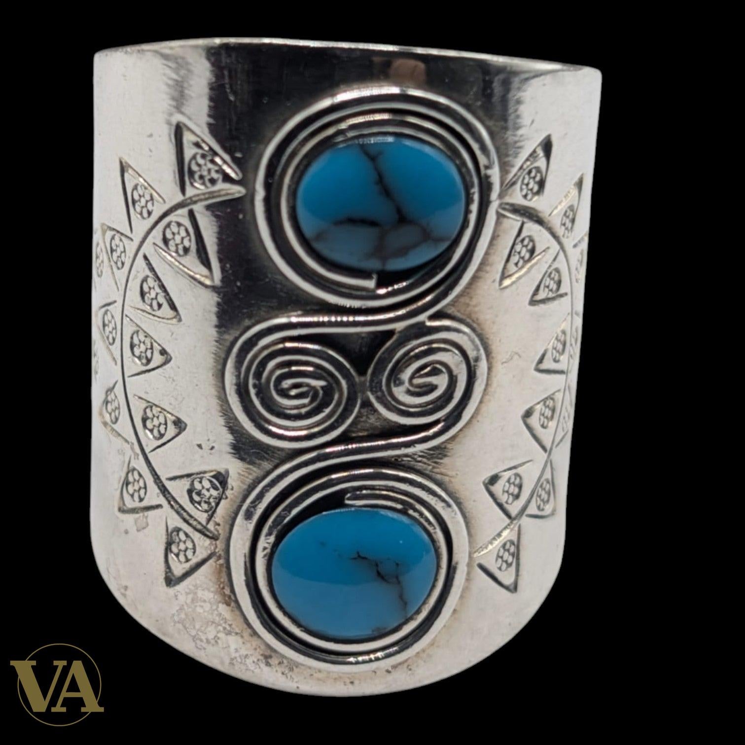 Bague femme Argent 925 Massif Turquoise Naturelle Design Tribal