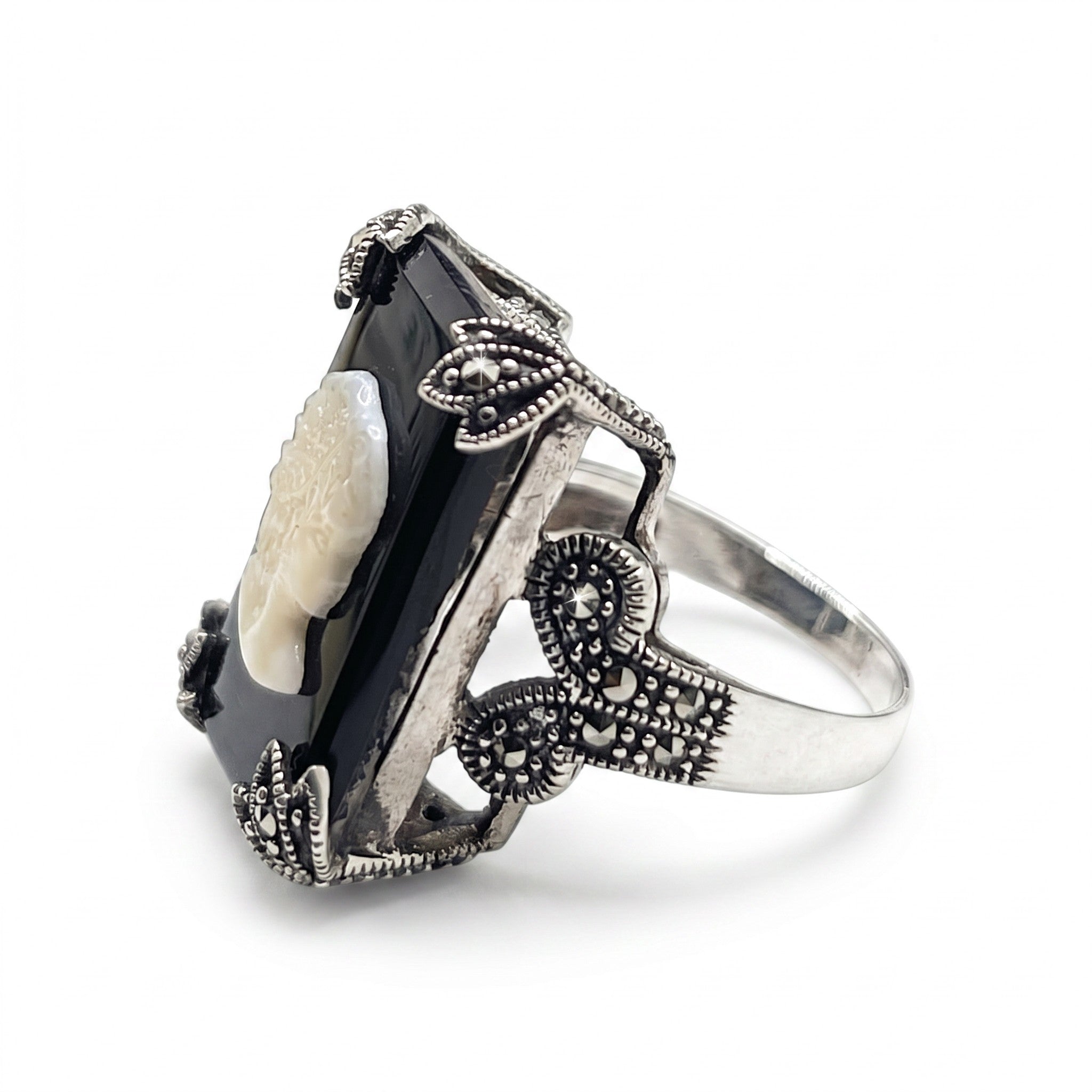 Bague Femme Argent 925 Camée Nacre Onyx Noir Marcassite Art Déco-Vindicta : Bijoux Argent 925 Massif, Luxe et Héritage