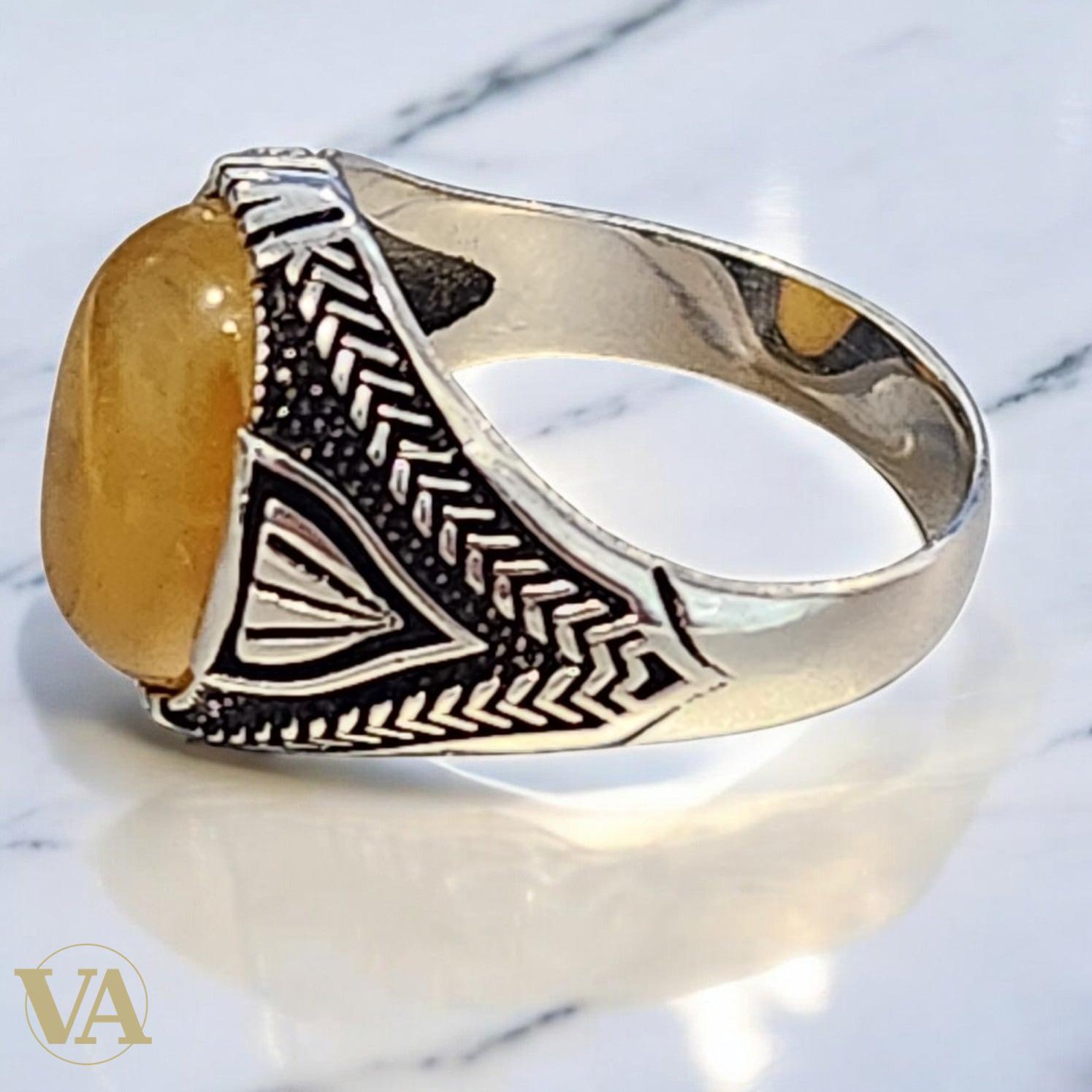 Bague homme argent 925 avec ambre jaune