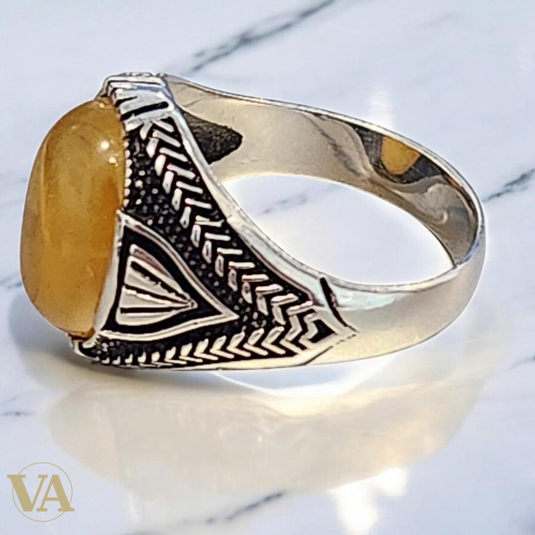 Bague homme argent 925 avec ambre jaune - Argent 925 - Vindicta