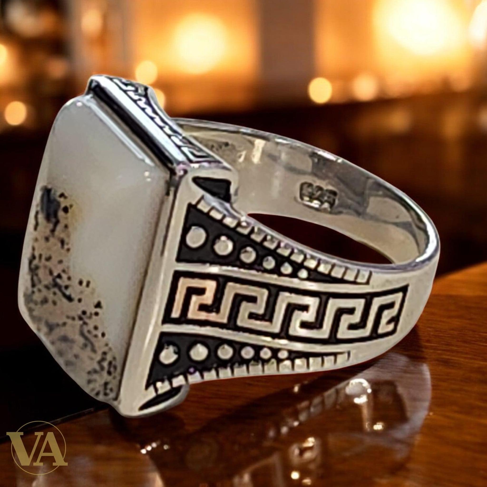 Bague homme argent 925 agate dendritique rectangulaire - Argent 925 - Vindicta