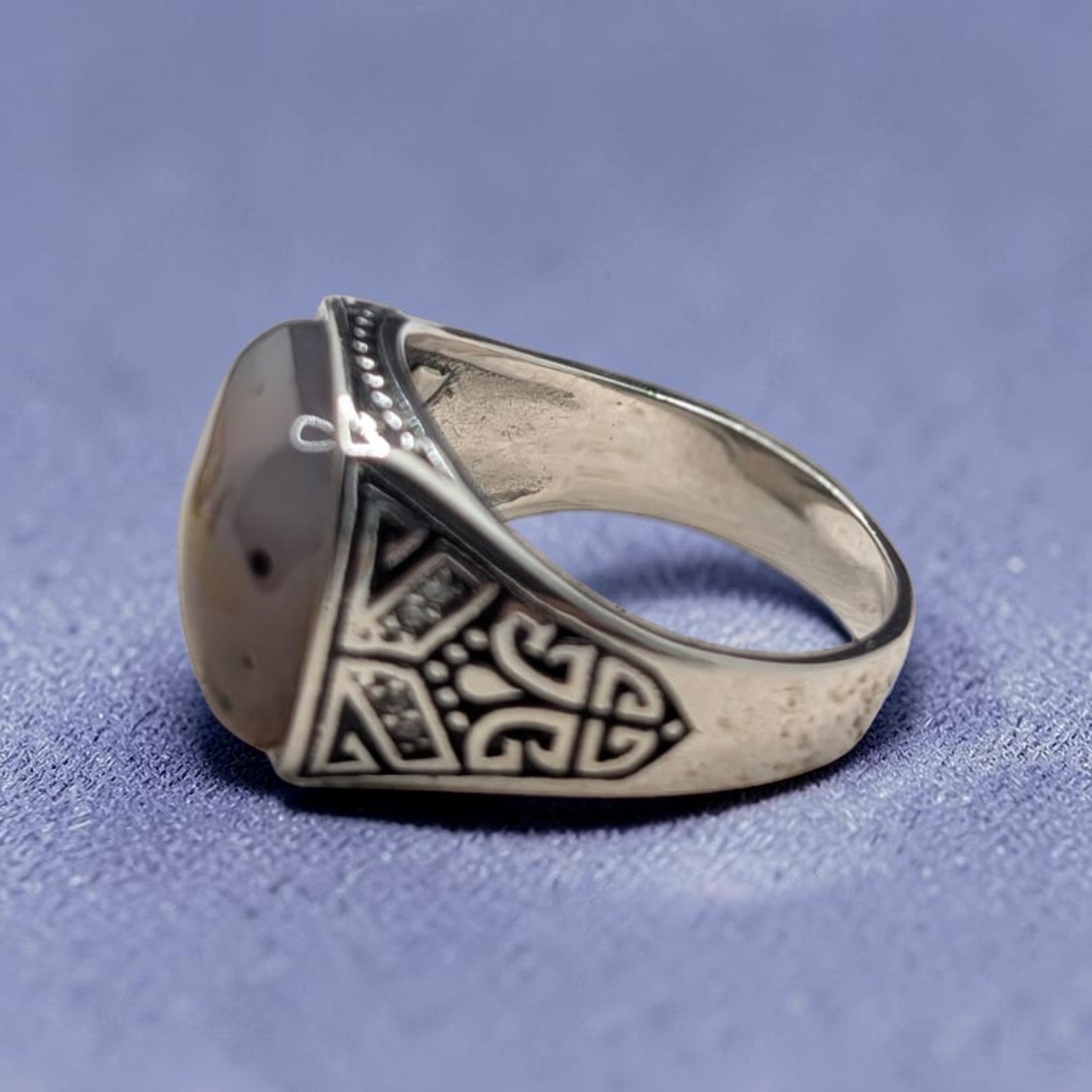 Chevalière Homme Argent 925 Agate Naturelle Motif Arabesque Géométrique-Vindicta : Bijoux Argent 925 Massif, Luxe et Héritage