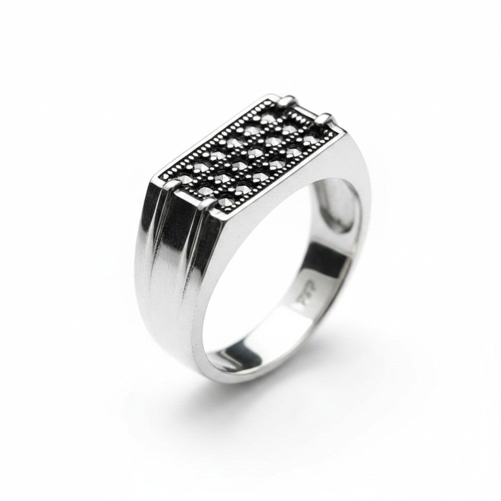 Chevalière Homme Argent 925 Marcassite Pavé Rectangulaire Art Déco