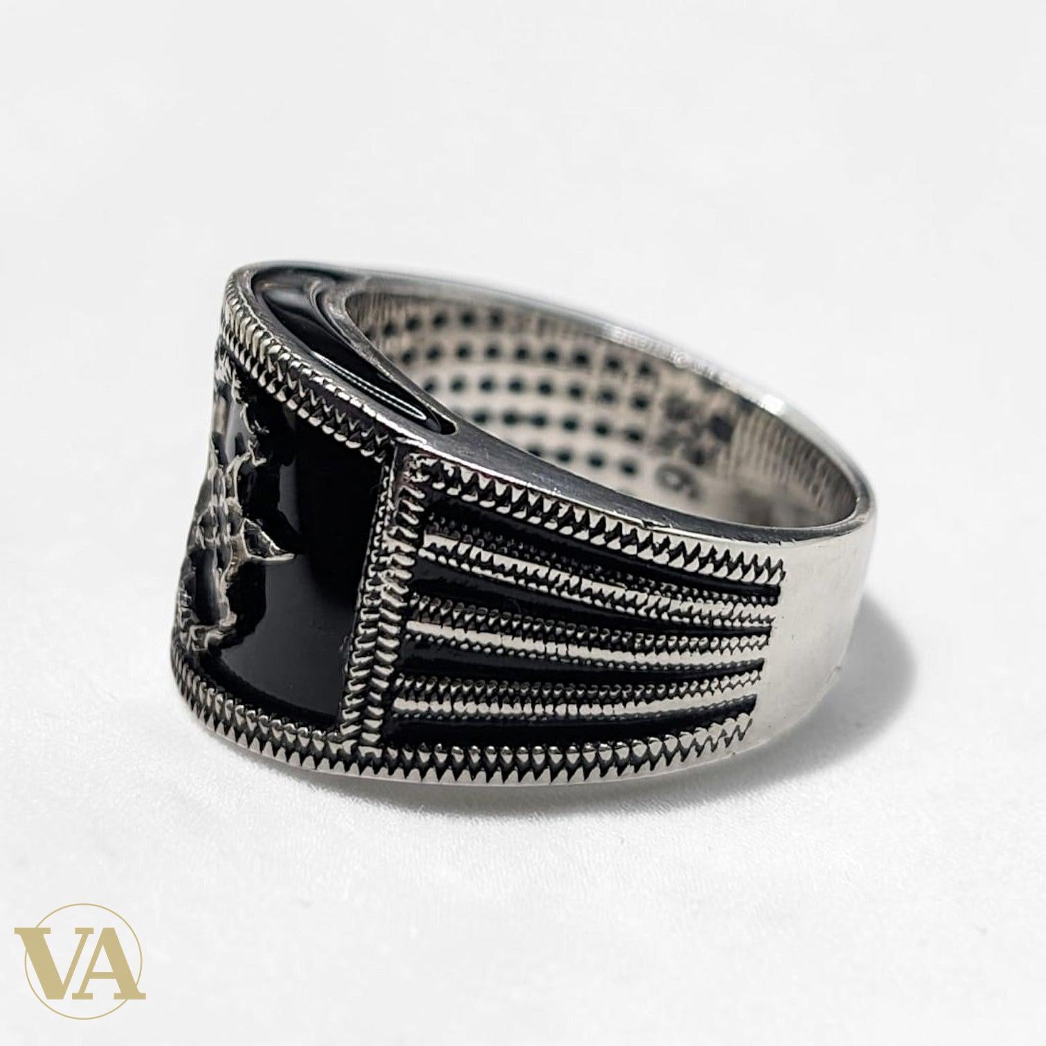 Chevalière Homme Argent 925 Onyx Noir Croissant Étoile Tresse Ciselée - Argent 925 - Vindicta