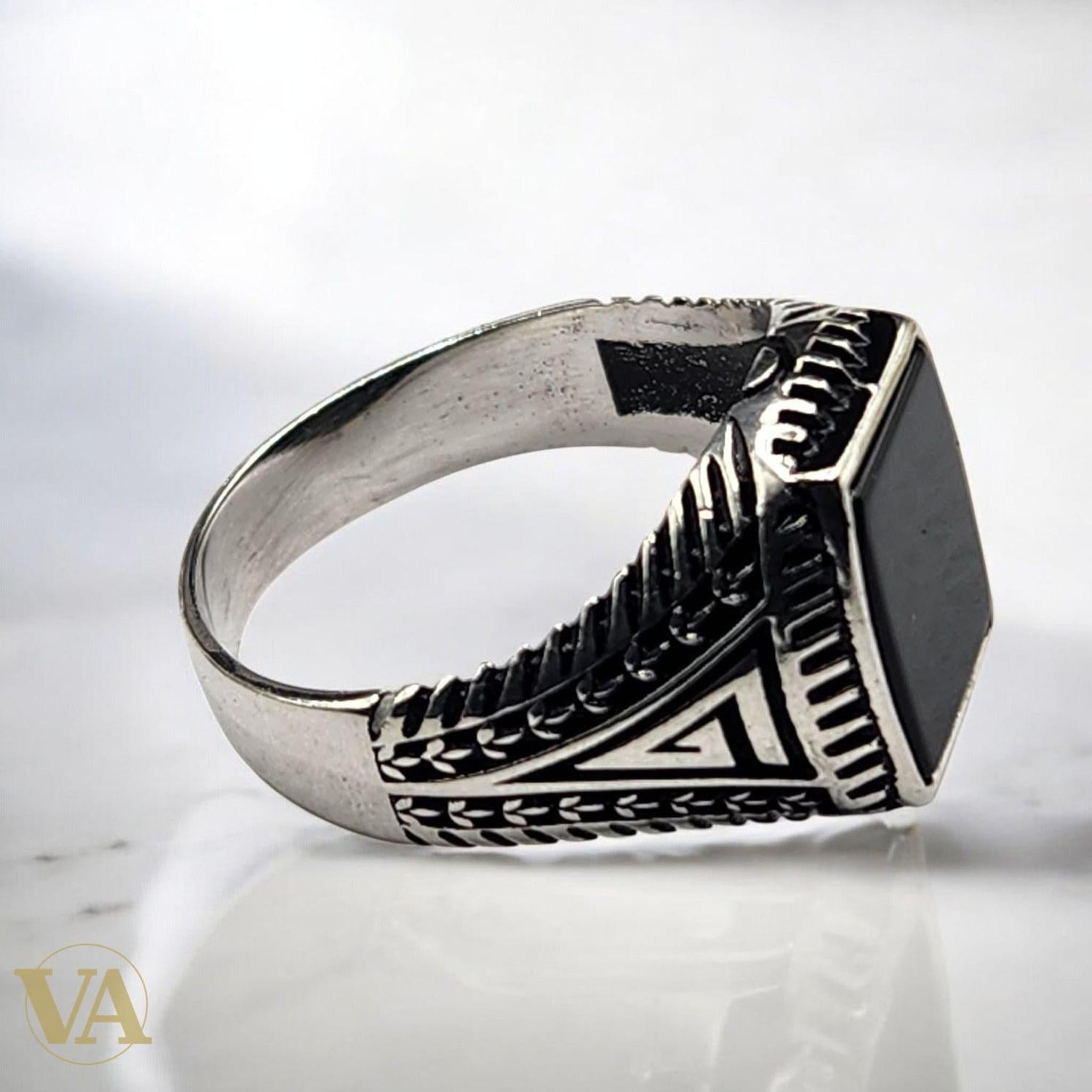 Bague Homme Argent 925 – Onyx noir rectangulaire poli & détails ciselés - Argent 925 - Vindicta