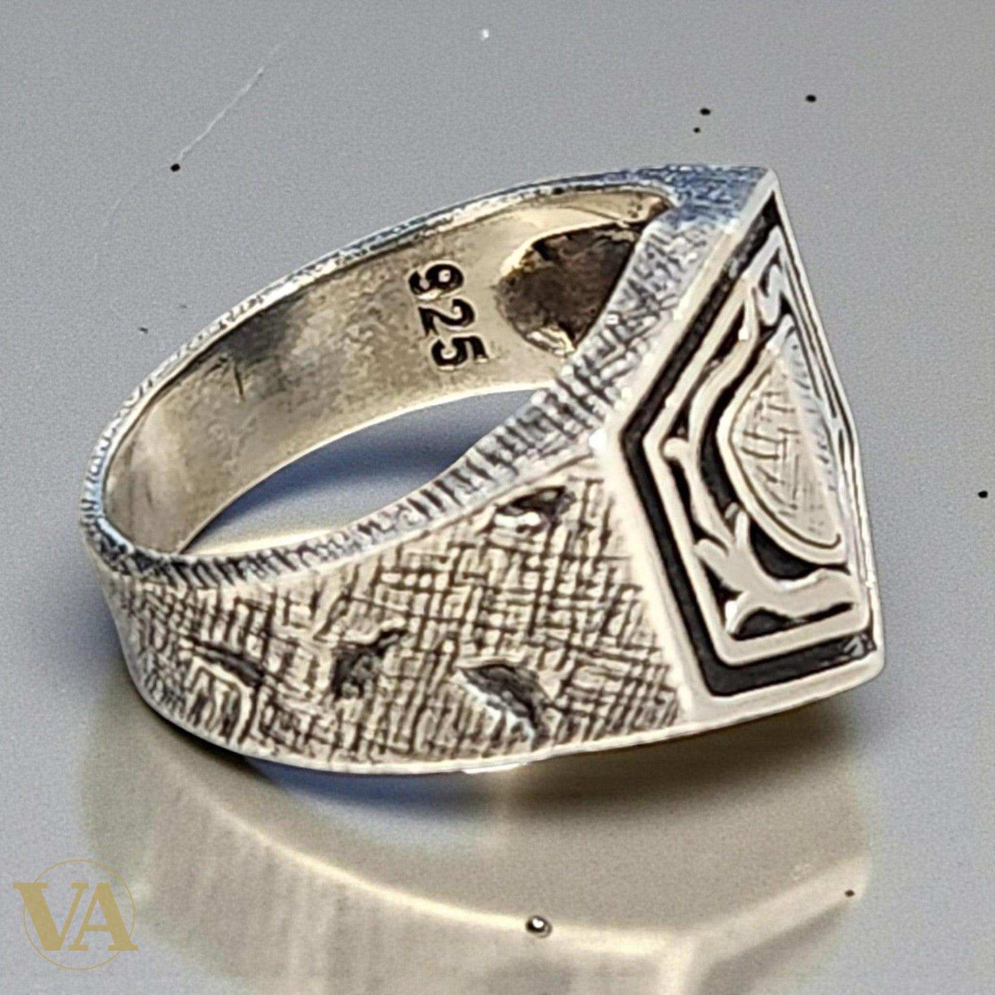 Bague Homme Argent 925 – Motif hexagonal bouclier stylisé & gravures texturées - Argent 925 - Vindicta
