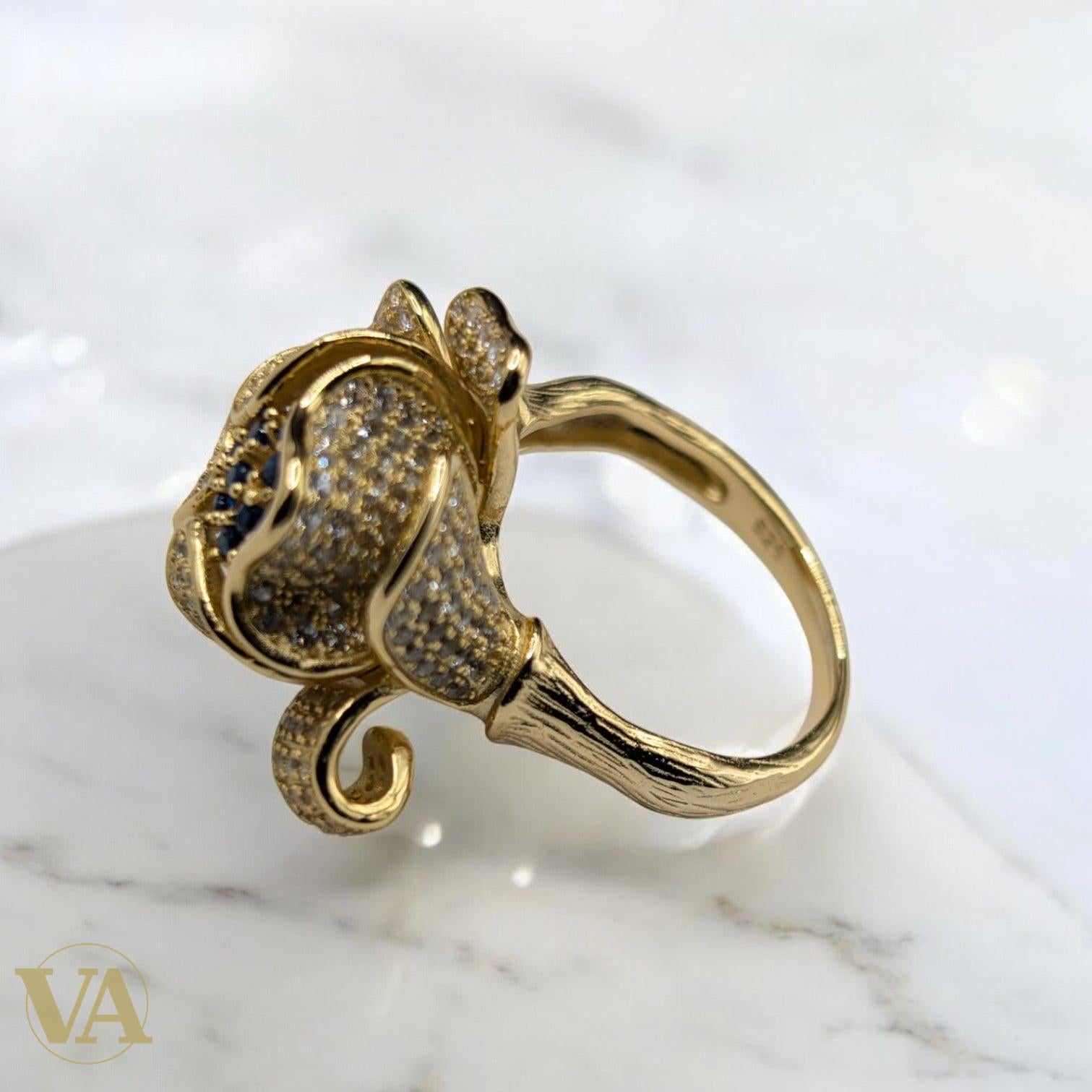 Bague Femme Argent 925 Plaqué Or – Fleur Zircon Blanc & Bleu