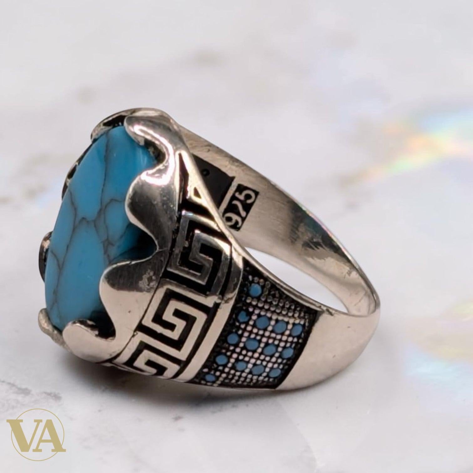 Bague Homme Argent 925 Turquoise Naturelle – Griffes & Méandre Grec