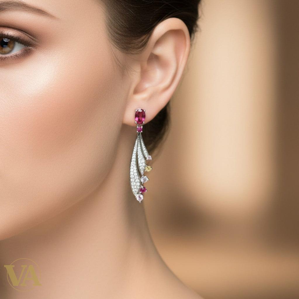 Boucles d’oreilles femme argent 925 pierres multicolores – Design feuille élégant