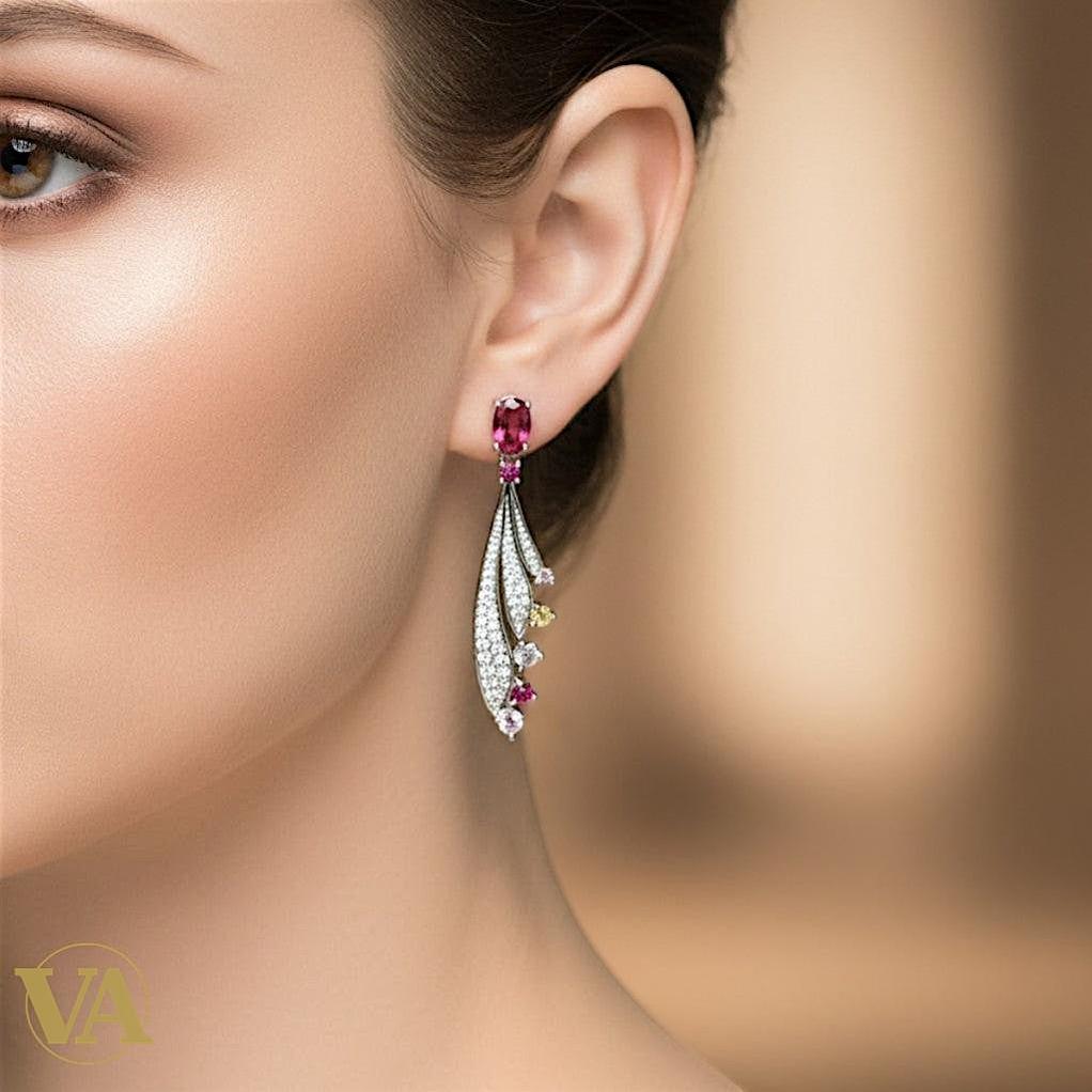 Boucles d’oreilles femme argent 925 pierres multicolores – Design feuille élégant