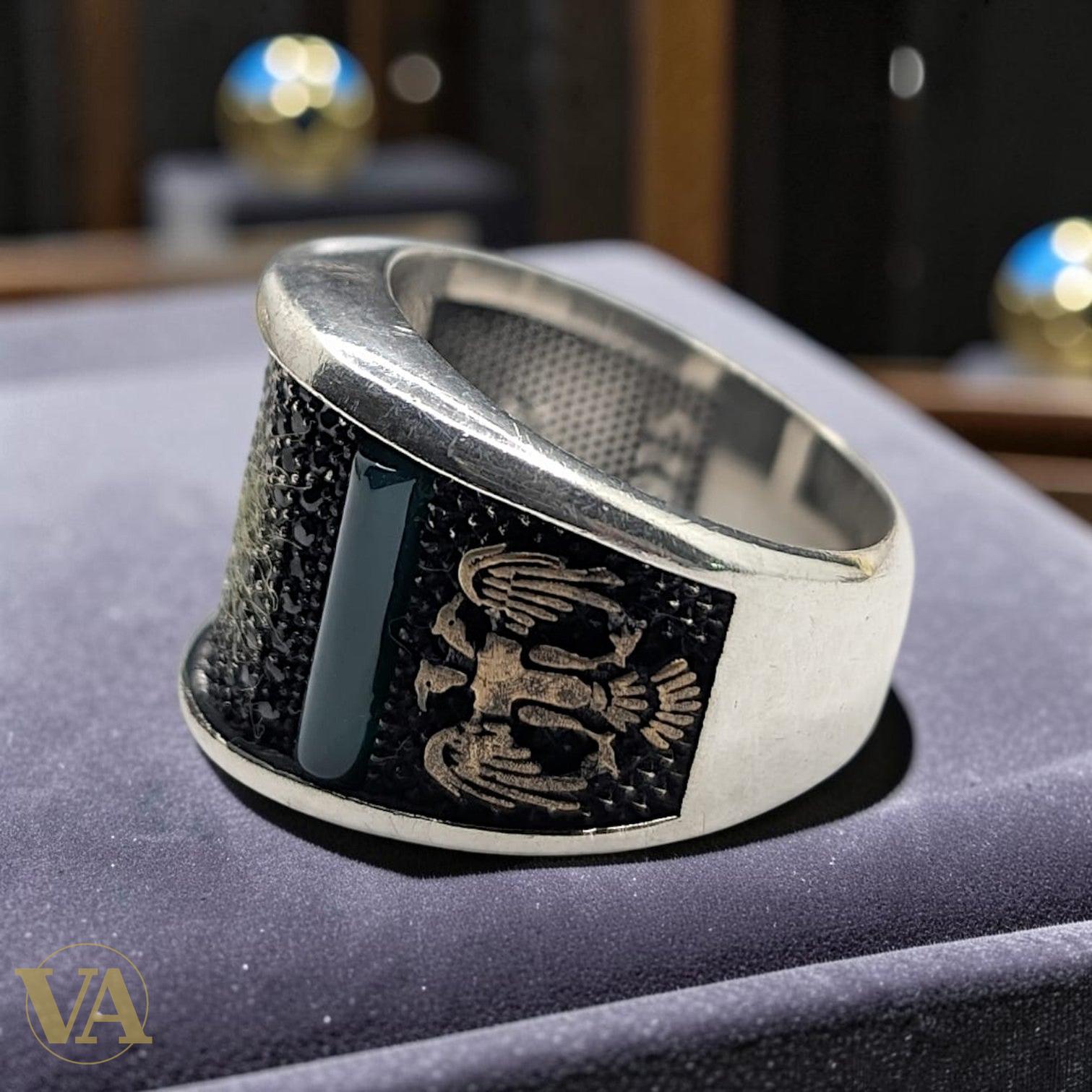 Chevalière Homme Argent 925 Zircons Noirs Aventurine Verte Calligraphie Ottomane