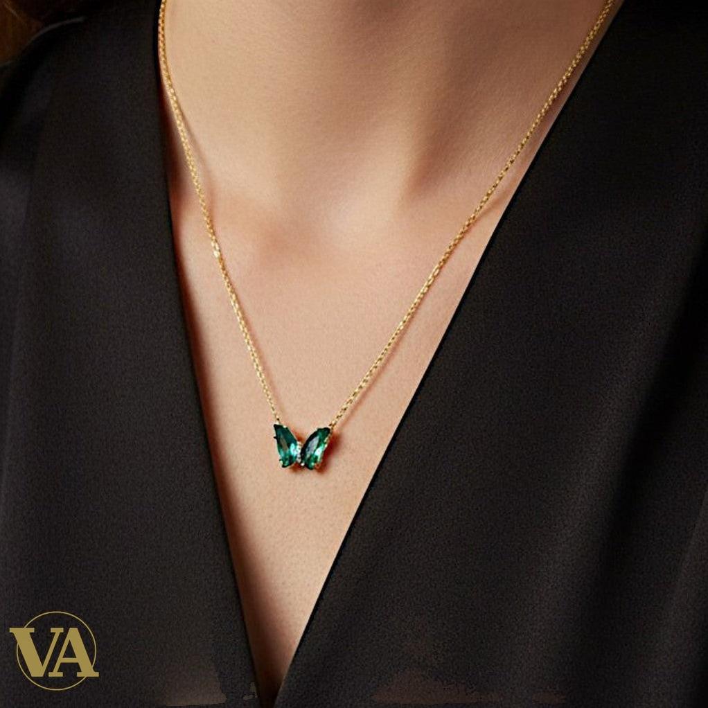 Collier Femme Papillon Vermeil — Topaze Verte Taille Marquise | Bijoux Vindicta