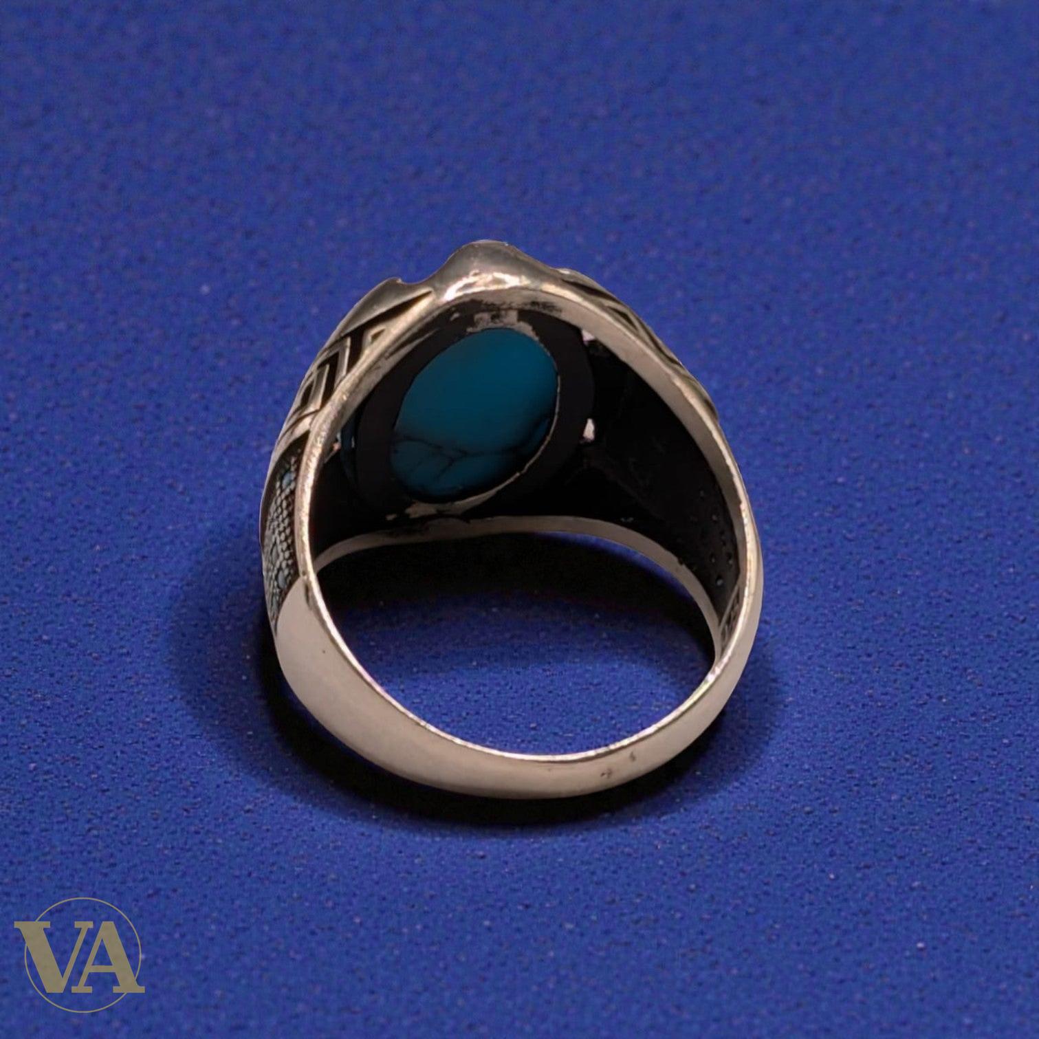 Bague Homme Argent 925 Turquoise Naturelle – Griffes & Méandre Grec