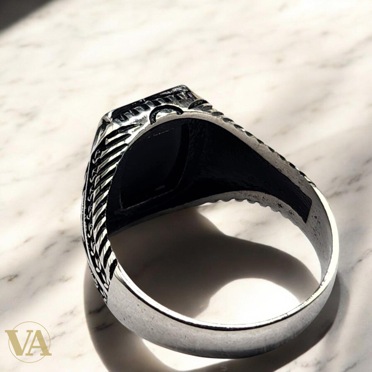 Bague Homme Argent 925 – Onyx noir rectangulaire poli & détails ciselés