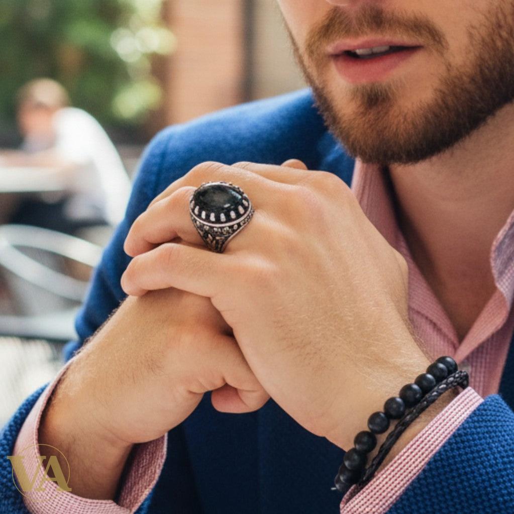 Bague homme argent 925 et obsidienne neige