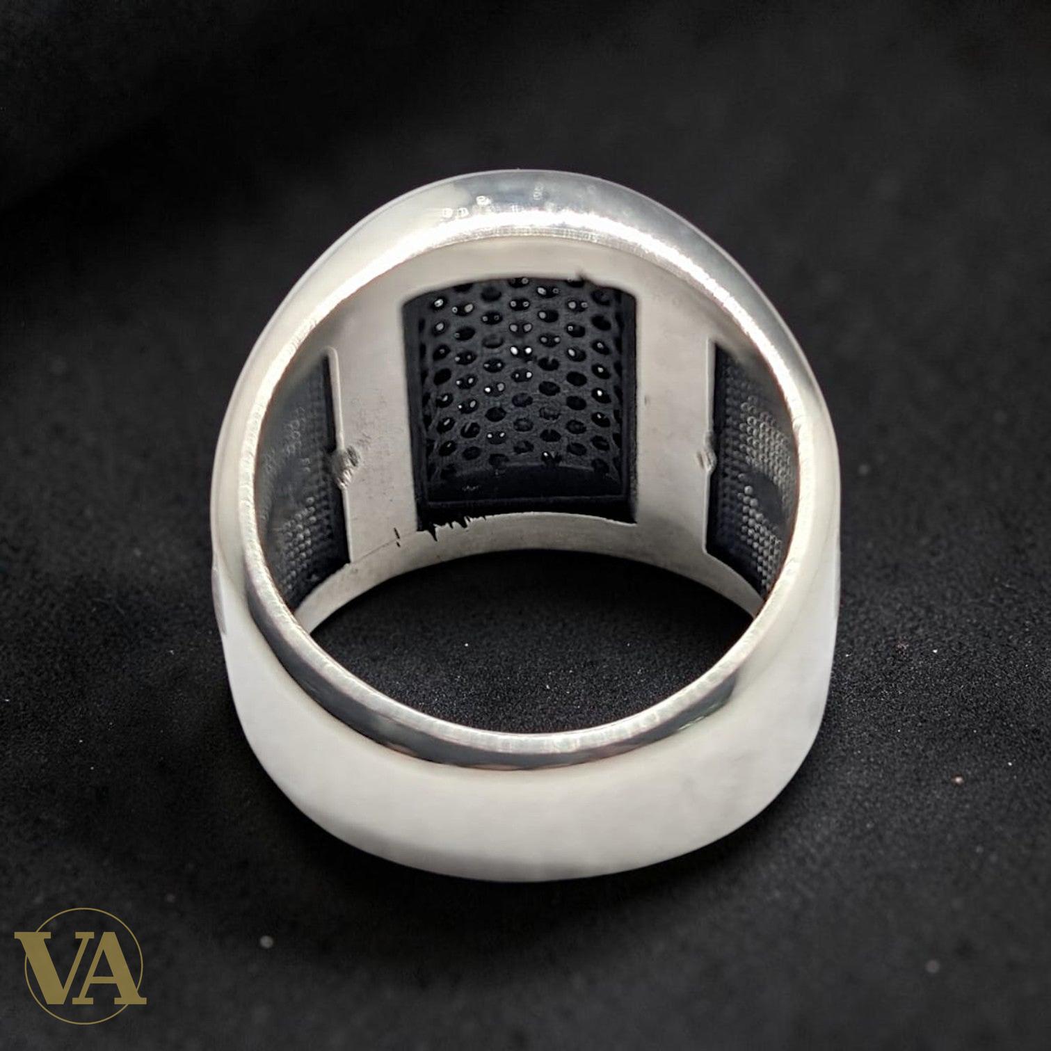 Chevalière Homme Argent 925 Zircons Noirs Aventurine Verte Calligraphie Ottomane-Vindicta : Bijoux Argent 925 Massif, Luxe et Héritage