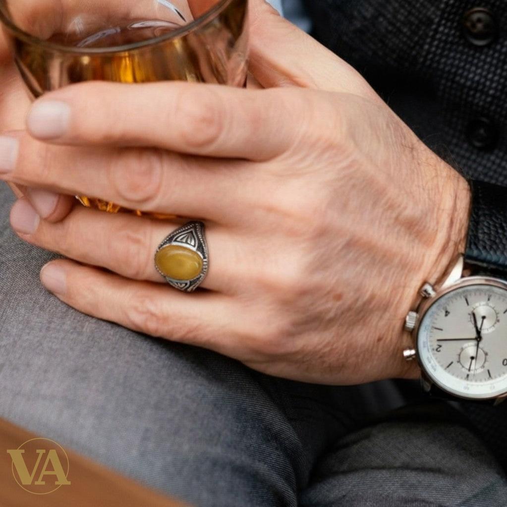 Bague homme argent 925 avec ambre jaune