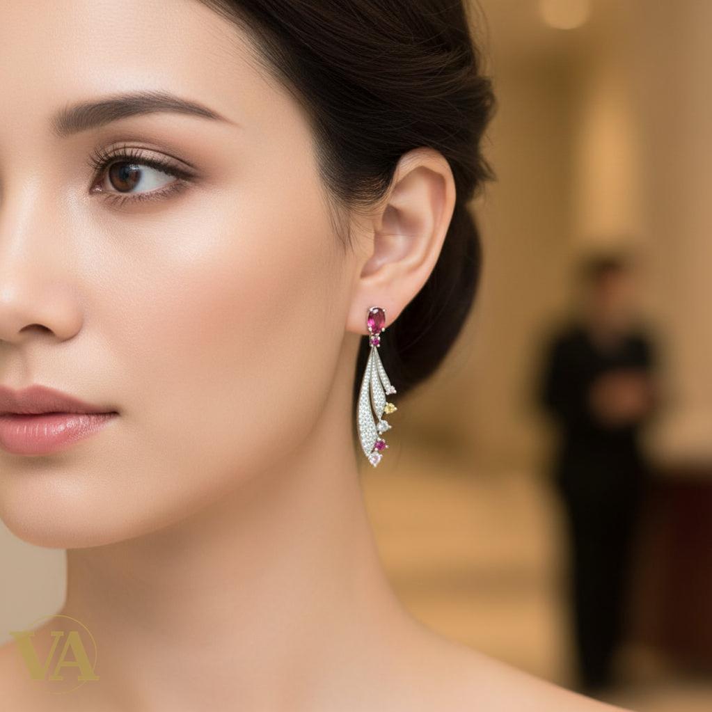 Boucles d’oreilles femme argent 925 pierres multicolores – Design feuille élégant