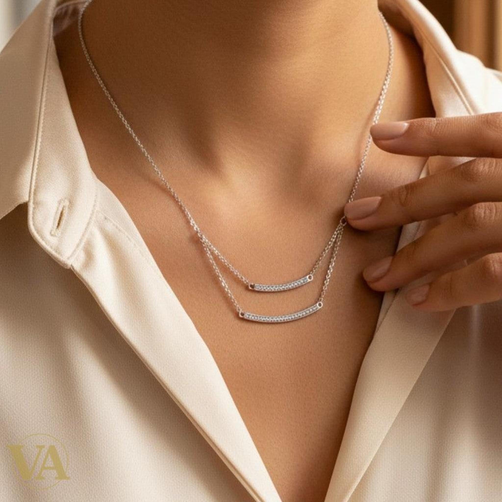 Collier Femme Argent 925 — Double Rang Barres Incurvées Pavé Zircons - Argent 925 - Vindicta