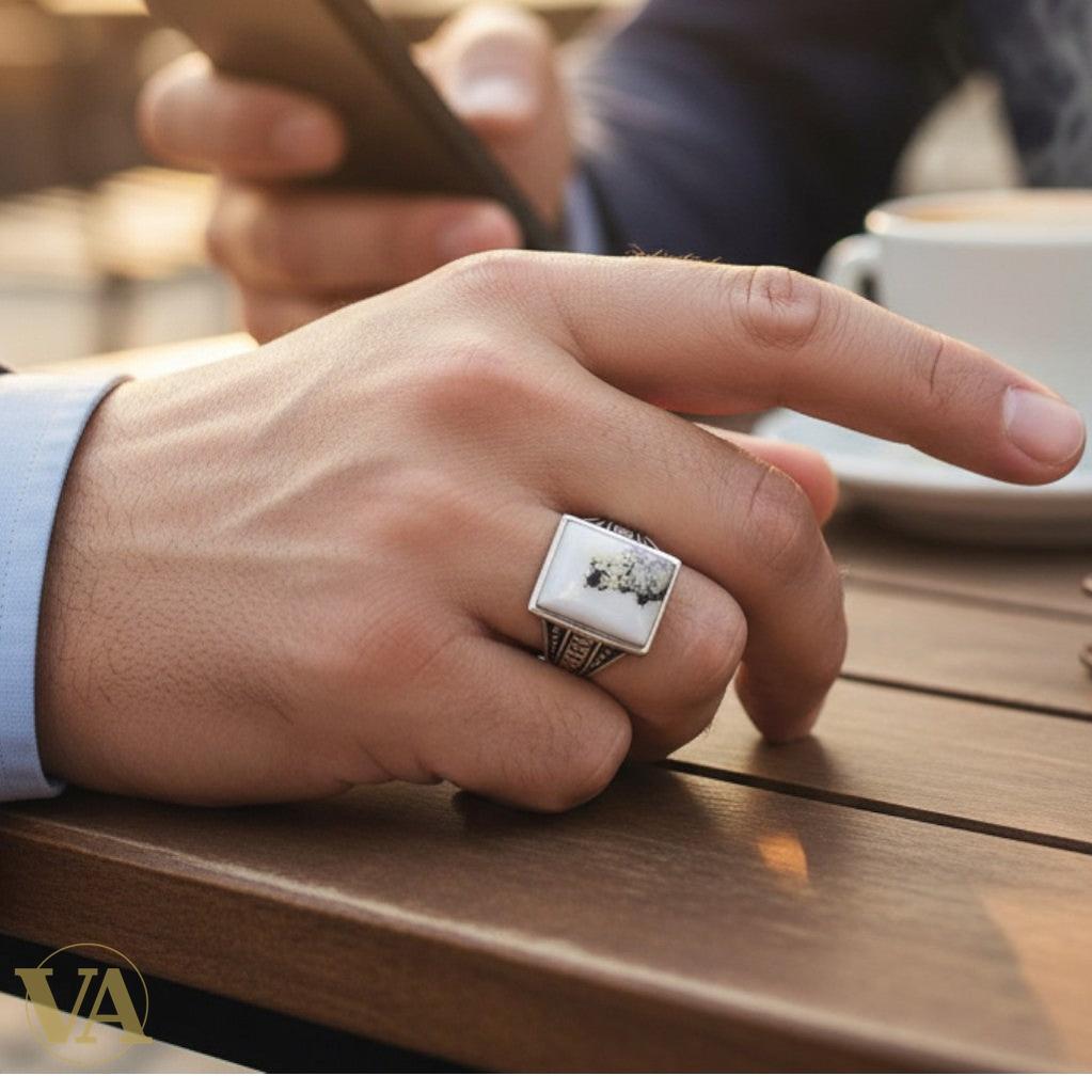 Bague homme argent 925 agate dendritique rectangulaire