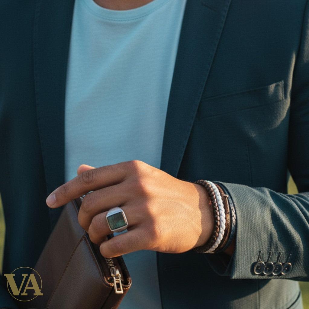 Bague homme argent 925 avec nacre rectangulaire