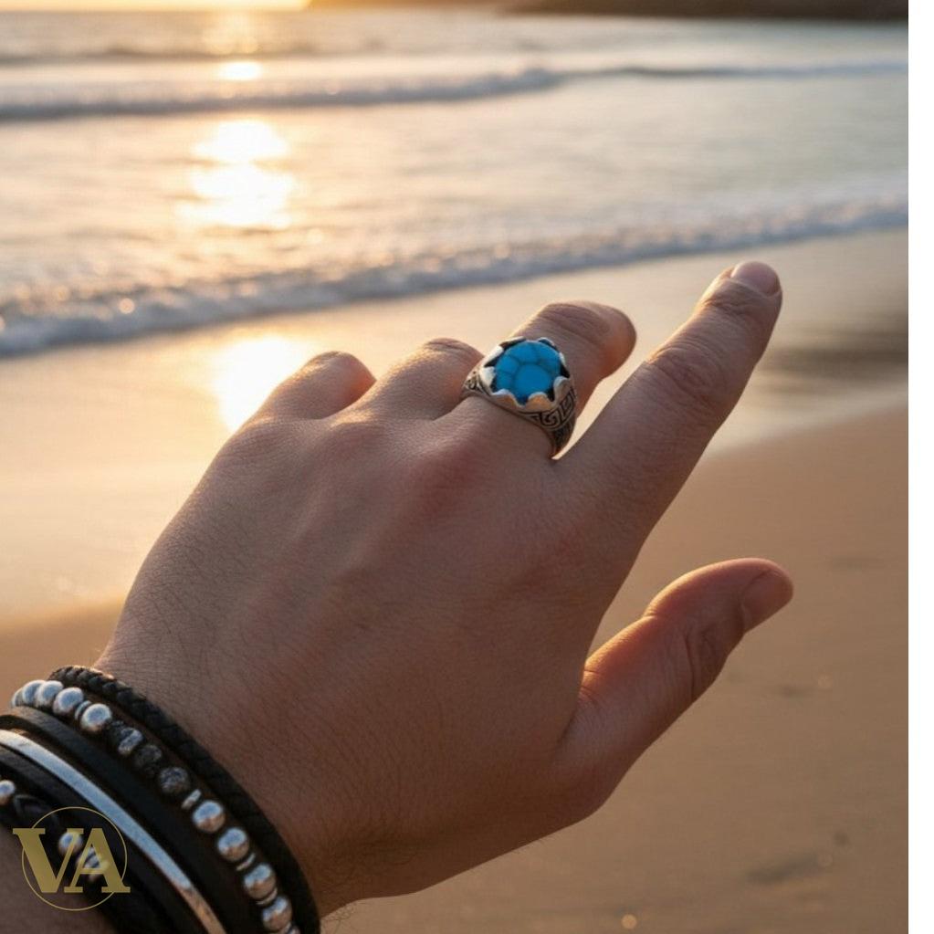 Bague Homme Argent 925 Turquoise Naturelle – Griffes & Méandre Grec