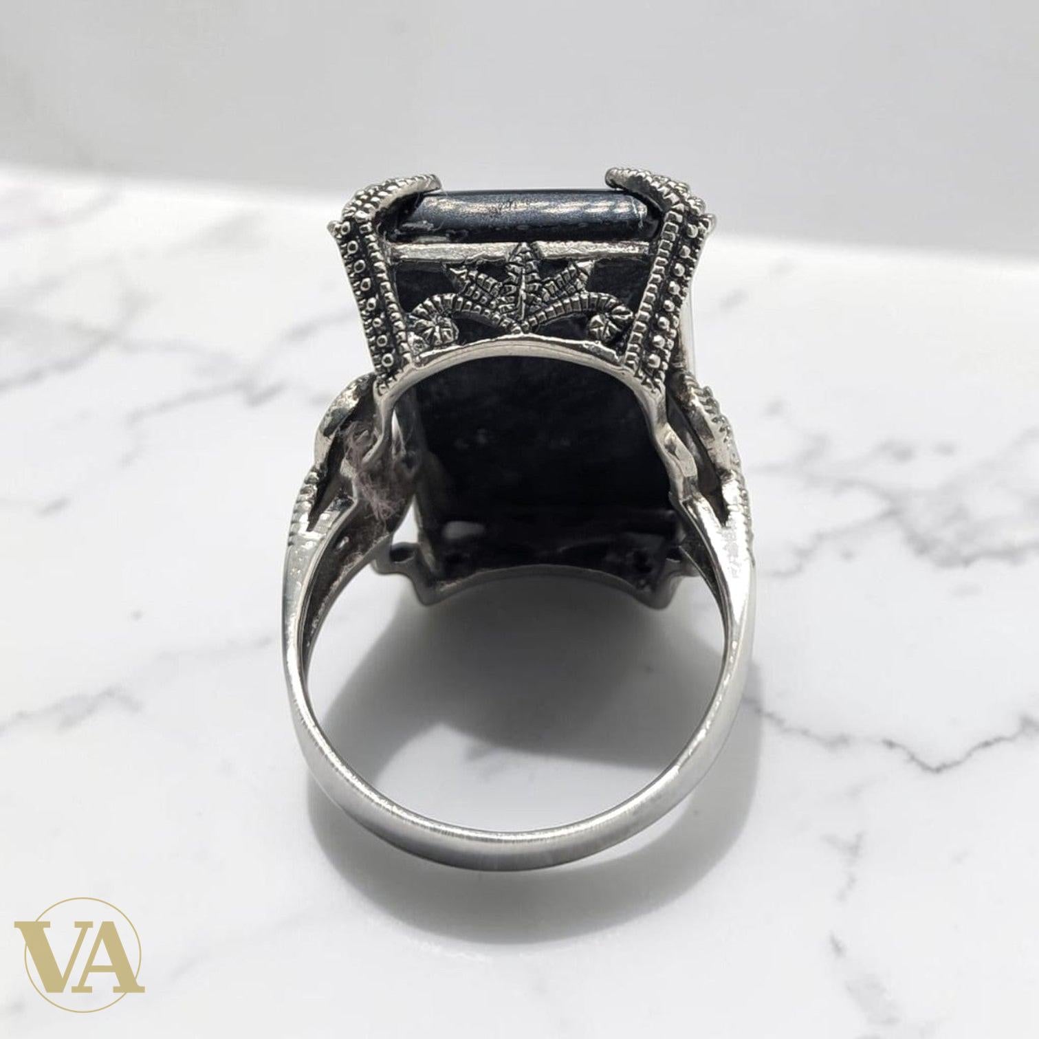 Bague Femme Argent 925 Camée Nacre Onyx Noir Marcassite Art Déco