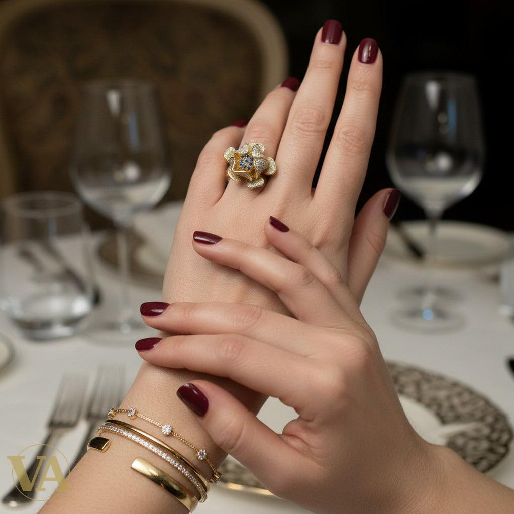 Bague Femme Argent 925 Plaqué Or – Fleur Zircon Blanc & Bleu