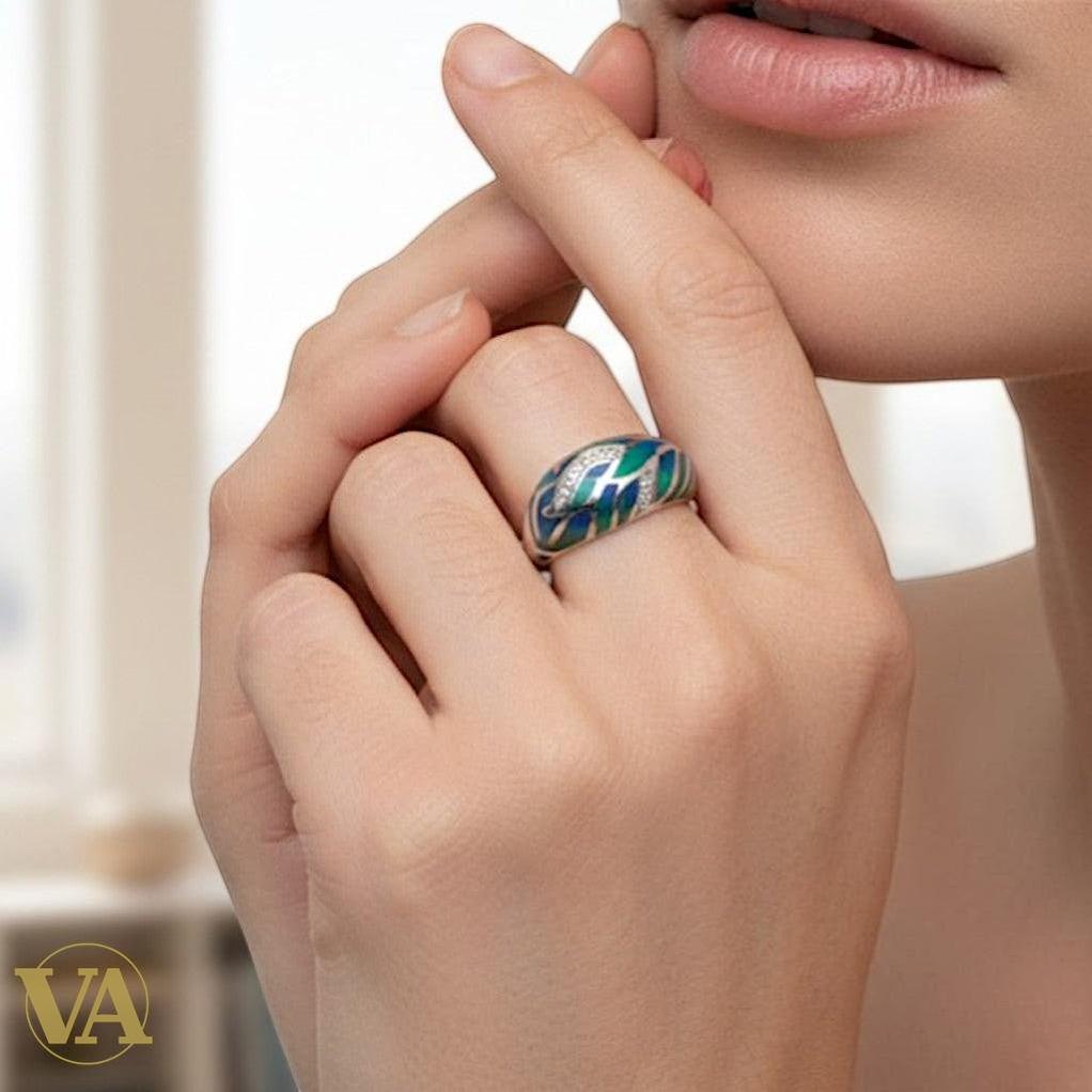 Bague Femme Argent 925 Émail Turquoise Bleu - Design Vagues