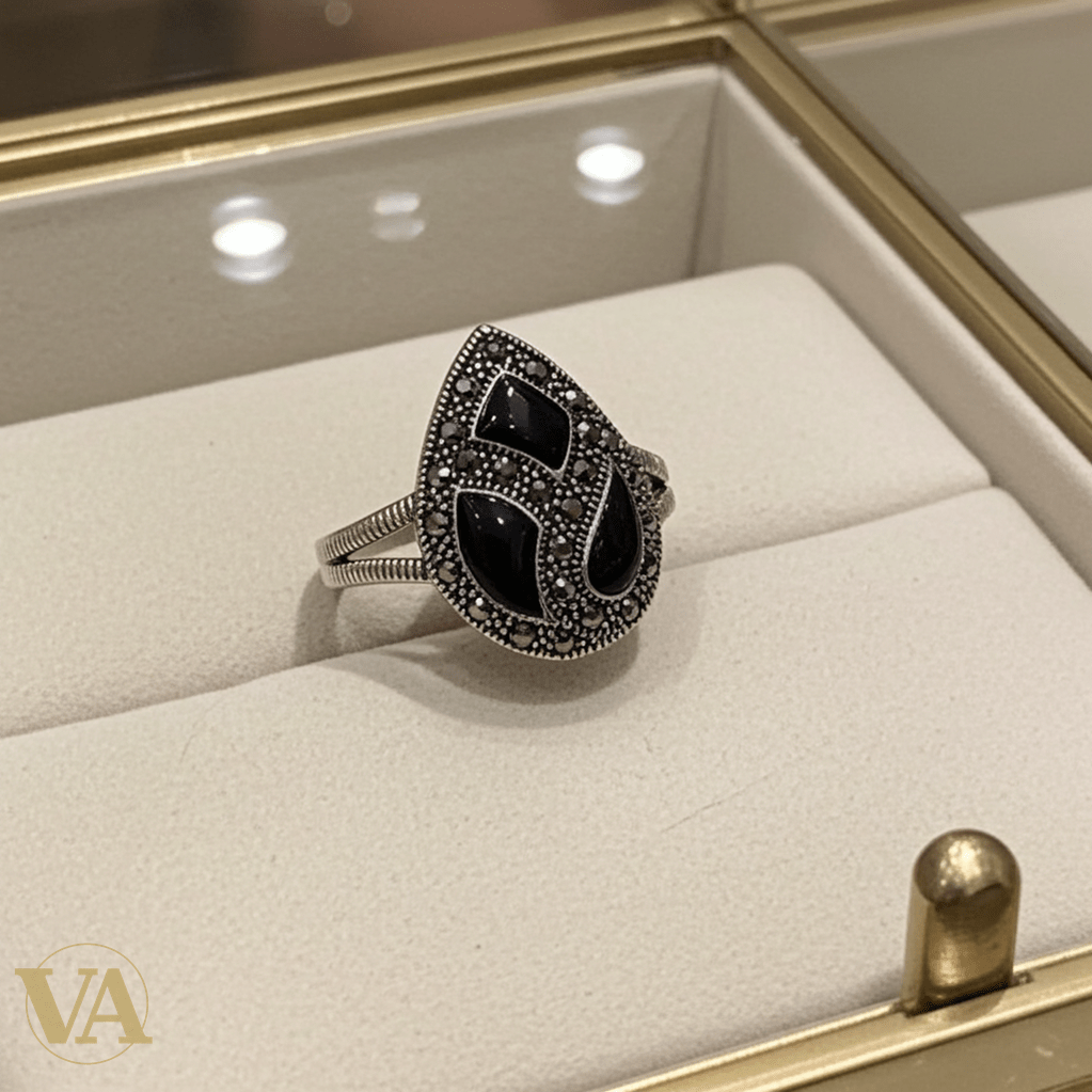 Bague Femme argent 925 goutte onyx noir et marcassites - Argent 925 - Vindicta