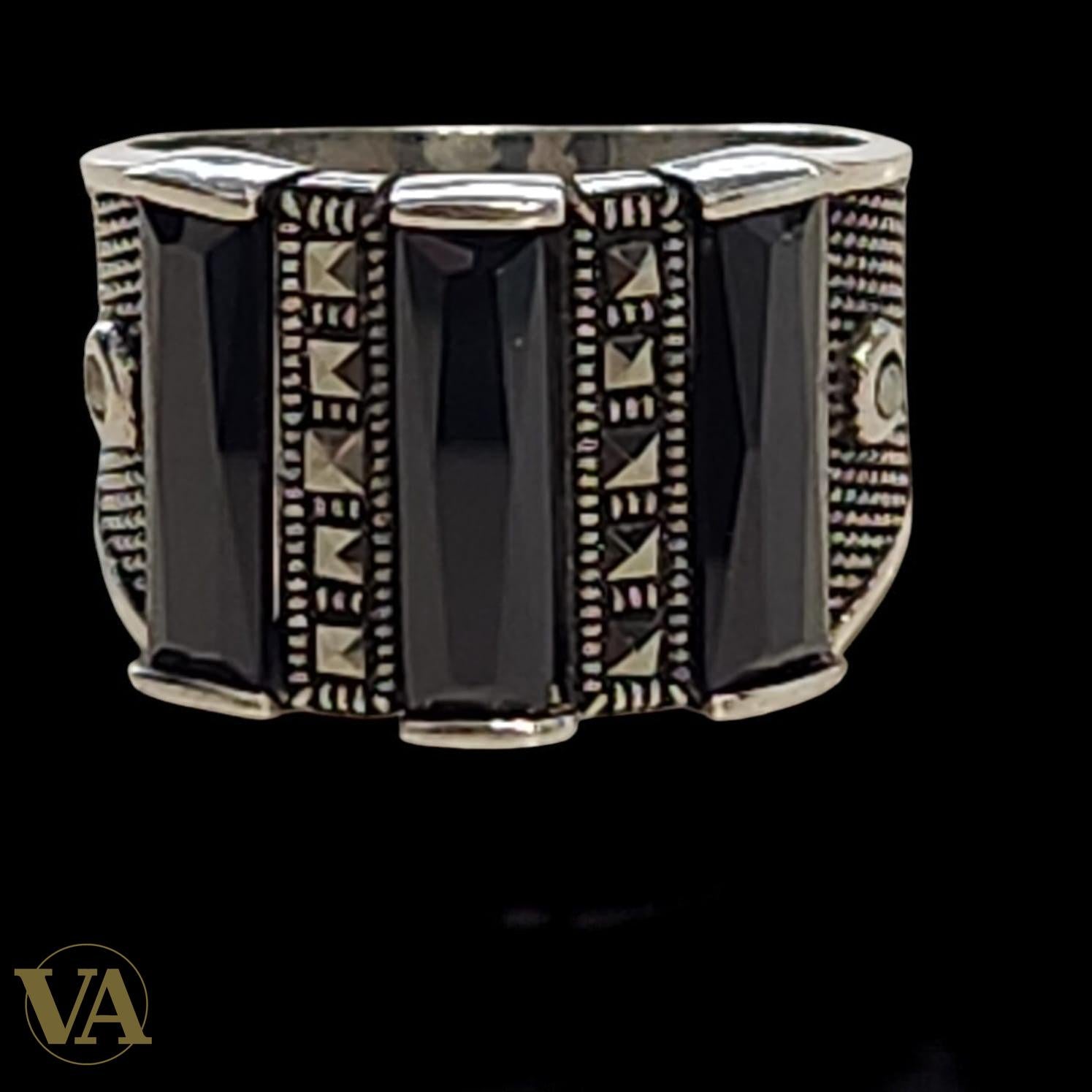 Bague homme argent 925 onyx rectangulaire et marcassites