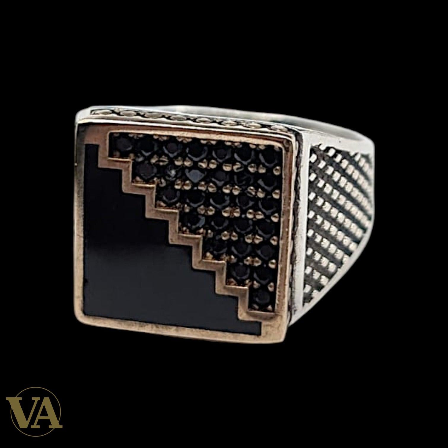 Chevalière Homme Argent 925 Onyx Noir Zircons Escalier Plaqué Or Rose | Bijoux Vindicta