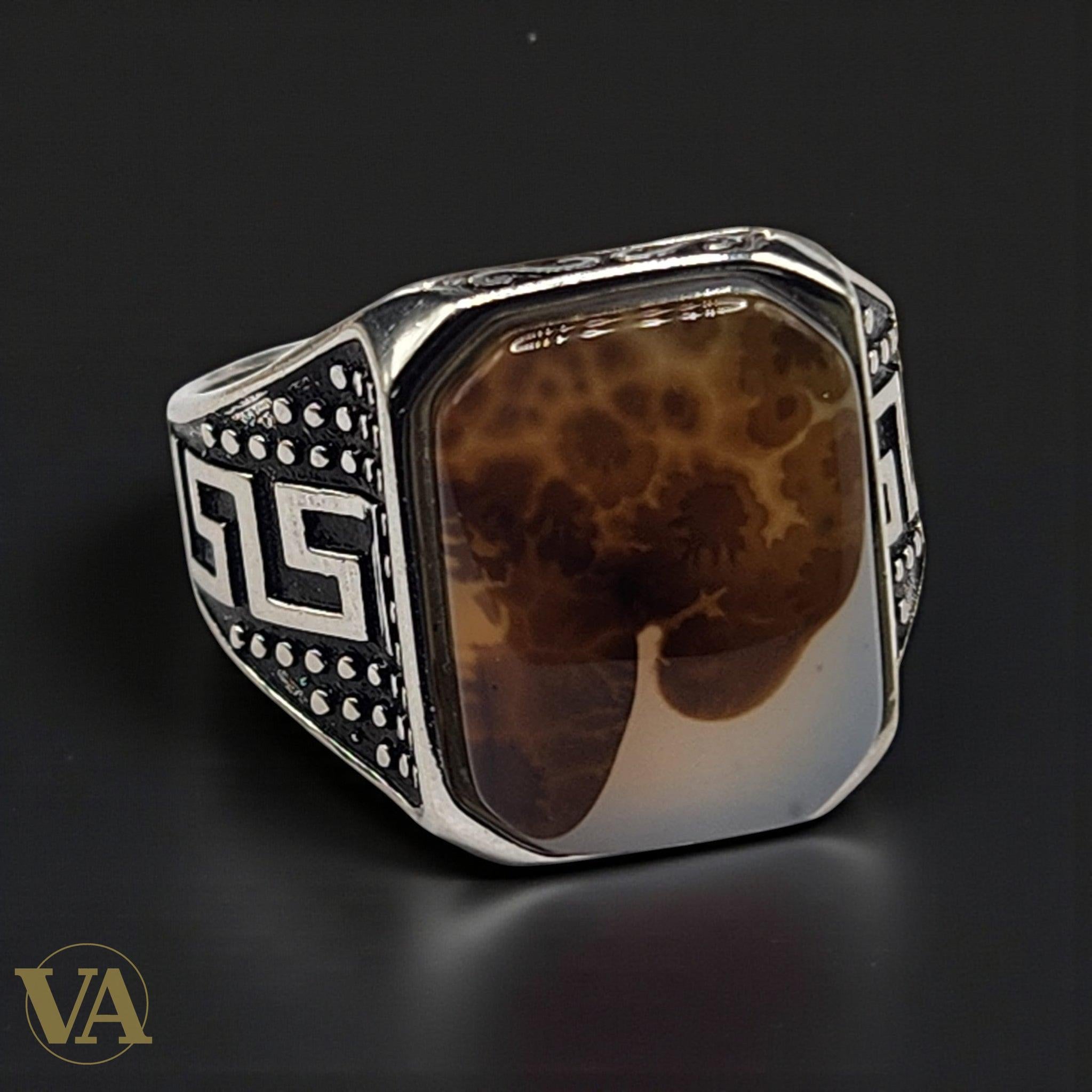 Bague Homme Argent 925 – Agate Fleur rectangulaire & motifs ciselés