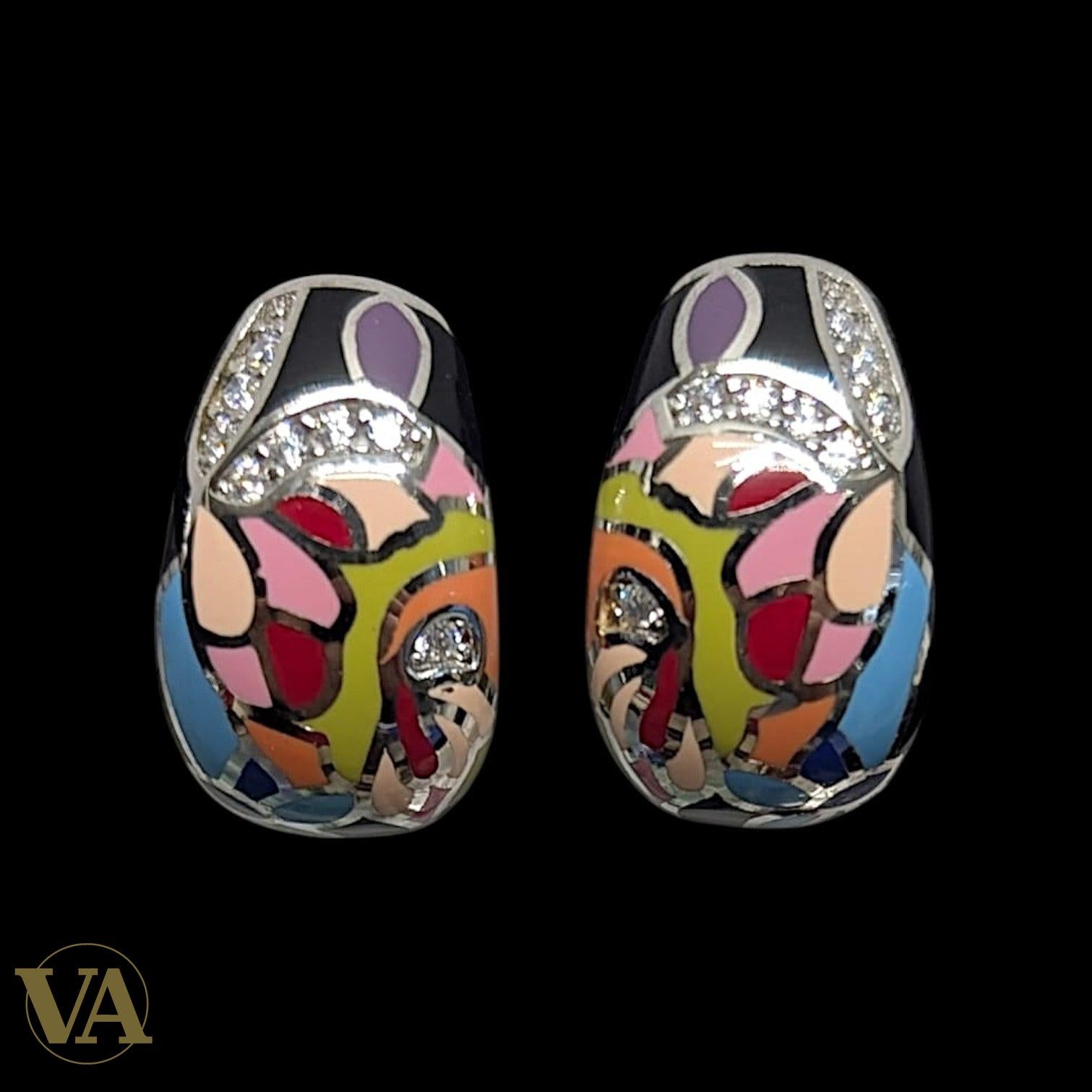 Boucles d'oreilles Femme Argent 925 – Émail Mosaïque Multicolore & Zirconiums